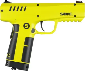 SABRE Pepper Projectile Launcher, Home Defense. Mag holds 7 .68 Caliber projectiles, Adjustable Fiber Optic Sights, Direct Impact Up to 60ft. Area Saturation Up to 175ft, 350 FPS Velocity. 12g CO2