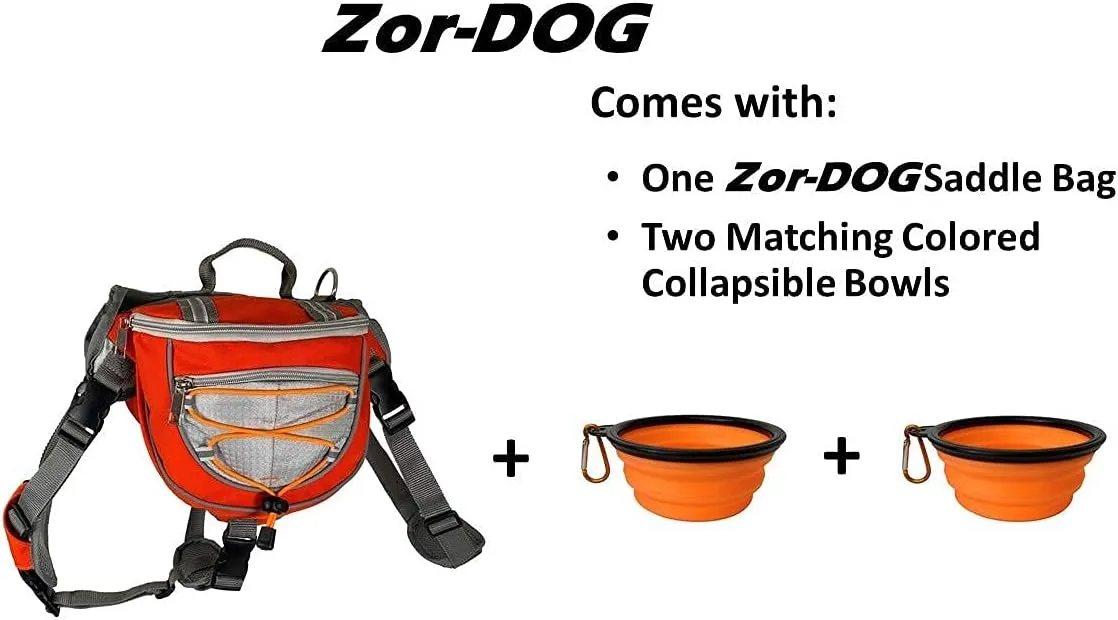 Saddlebag Back Pack & Harness Combo for Dogs 30-100  lbs. Perfect for Travel, Trail Hiking, & Camping. Reflective, Lightweight, & Comfortable. Comes with Two Collapsible Bowls (Large, Blue)