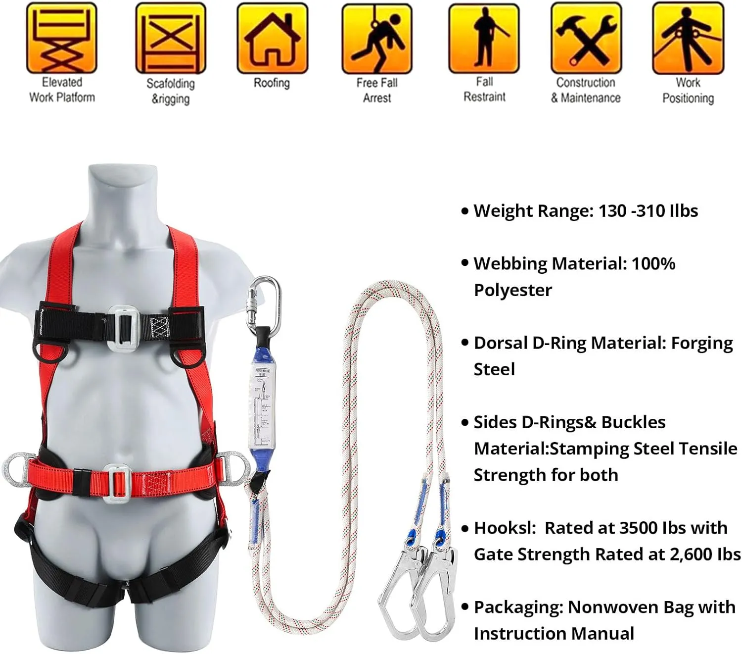 Safety Harness Fall Protection Kit - Full Body Roofing harnesses with Shock Absorbing Lanyard Upgrade Paded