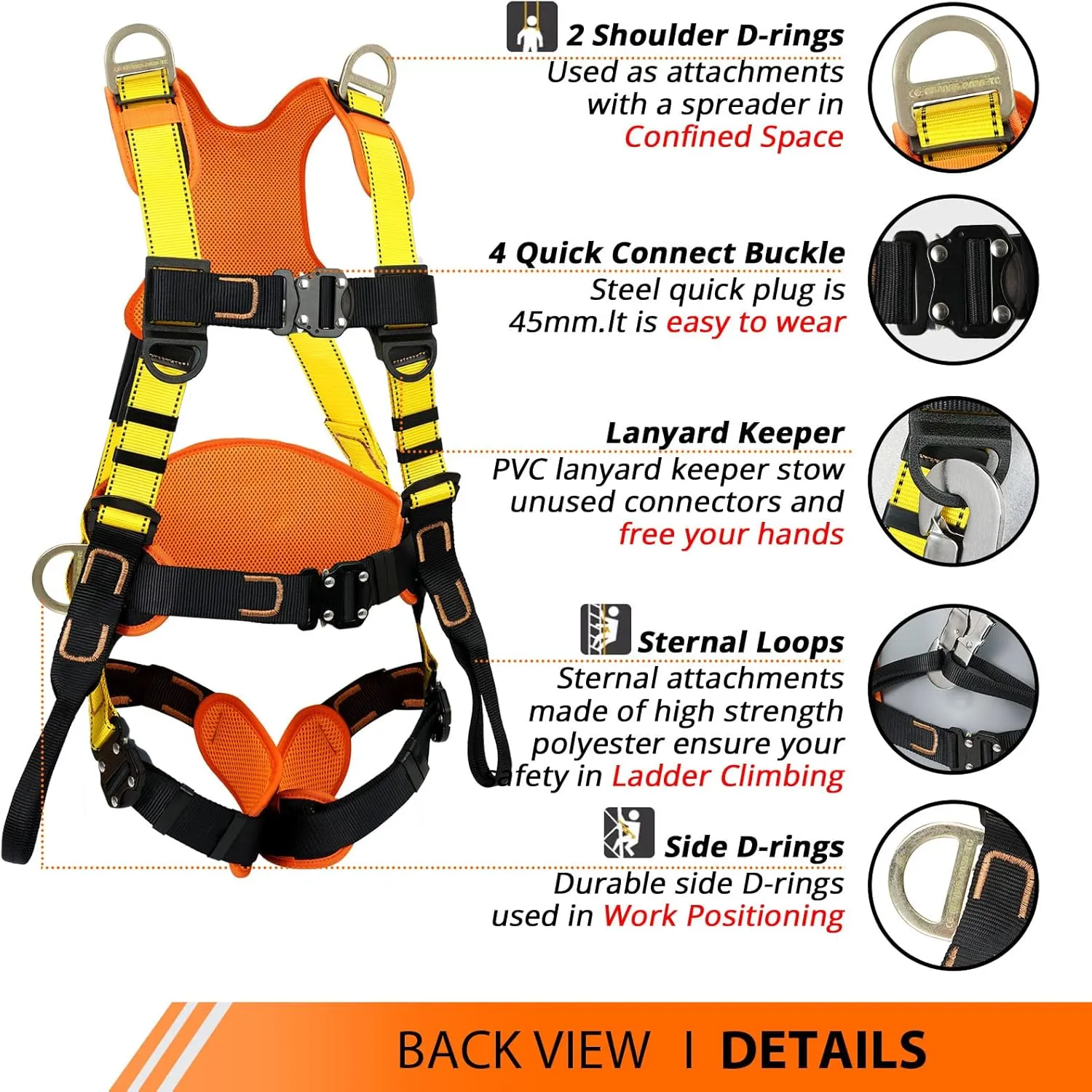 Safety Harness Fall Protection Upgrade 4 Quick Buckles Construction Full Body Harness with 6 Adjustment D-ring