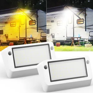 Safoner Aluminum RV LED Porch Light- Switchable White & Amber Lamp, 1400LM Brightness, IP67 Waterproof, 12-30V DC, Exterior Light for Campers, Trailers, Motorhomes (White Housing)- 2 Packs