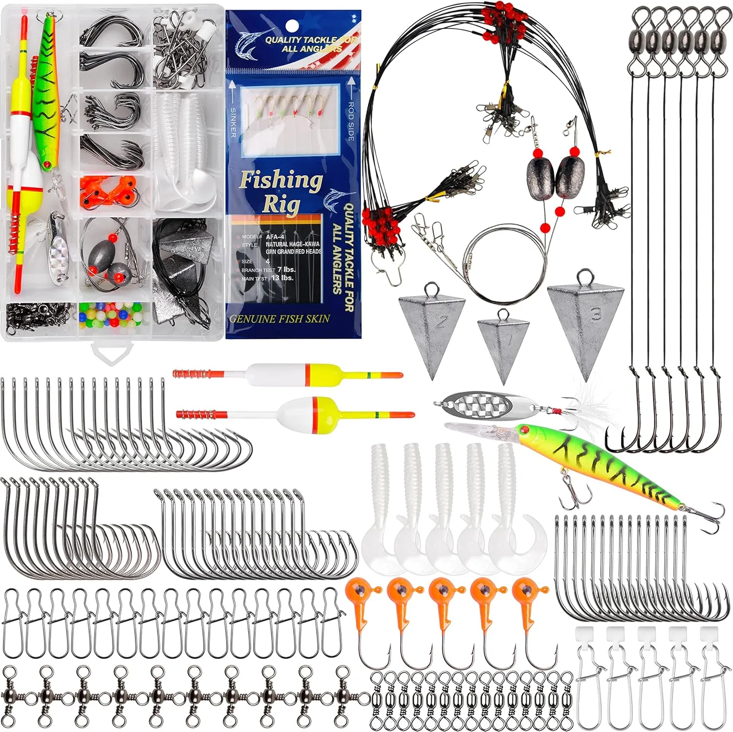Saltwater Fishing Gear, 180pcs Saltwater Surf Fishing Tackle Kit Fishing Bait Rigs Saltwater Fishing Lures Spoon Fishing Hooks Pyramid Sinker Leaders Swivel Slip Bobbers Various Accessories