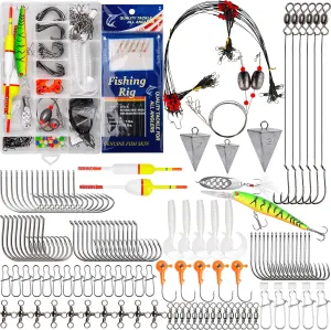 Saltwater Fishing Gear, 180pcs Saltwater Surf Fishing Tackle Kit Fishing Bait Rigs Saltwater Fishing Lures Spoon Fishing Hooks Pyramid Sinker Leaders Swivel Slip Bobbers Various Accessories