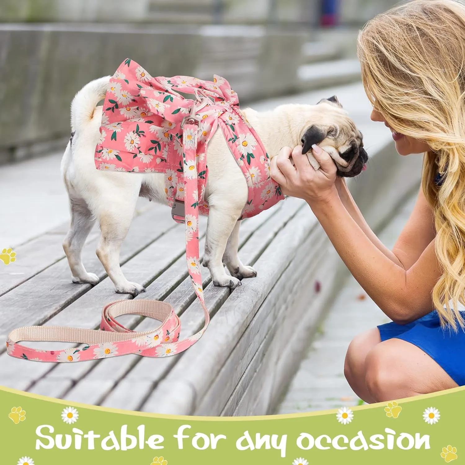 Sanwuta 4 Pack Harness Dog Dress Bowknot Leash Set Floral Princess Dog Harness Dress Vest with Leash Pet Doggy Outfits for Outdoor Walking, 4 Colors(Medium)