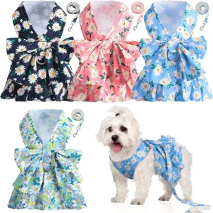 Sanwuta 4 Pack Harness Dog Dress Bowknot Leash Set Floral Princess Dog Harness Dress Vest with Leash Pet Doggy Outfits for Outdoor Walking, 4 Colors(Medium)