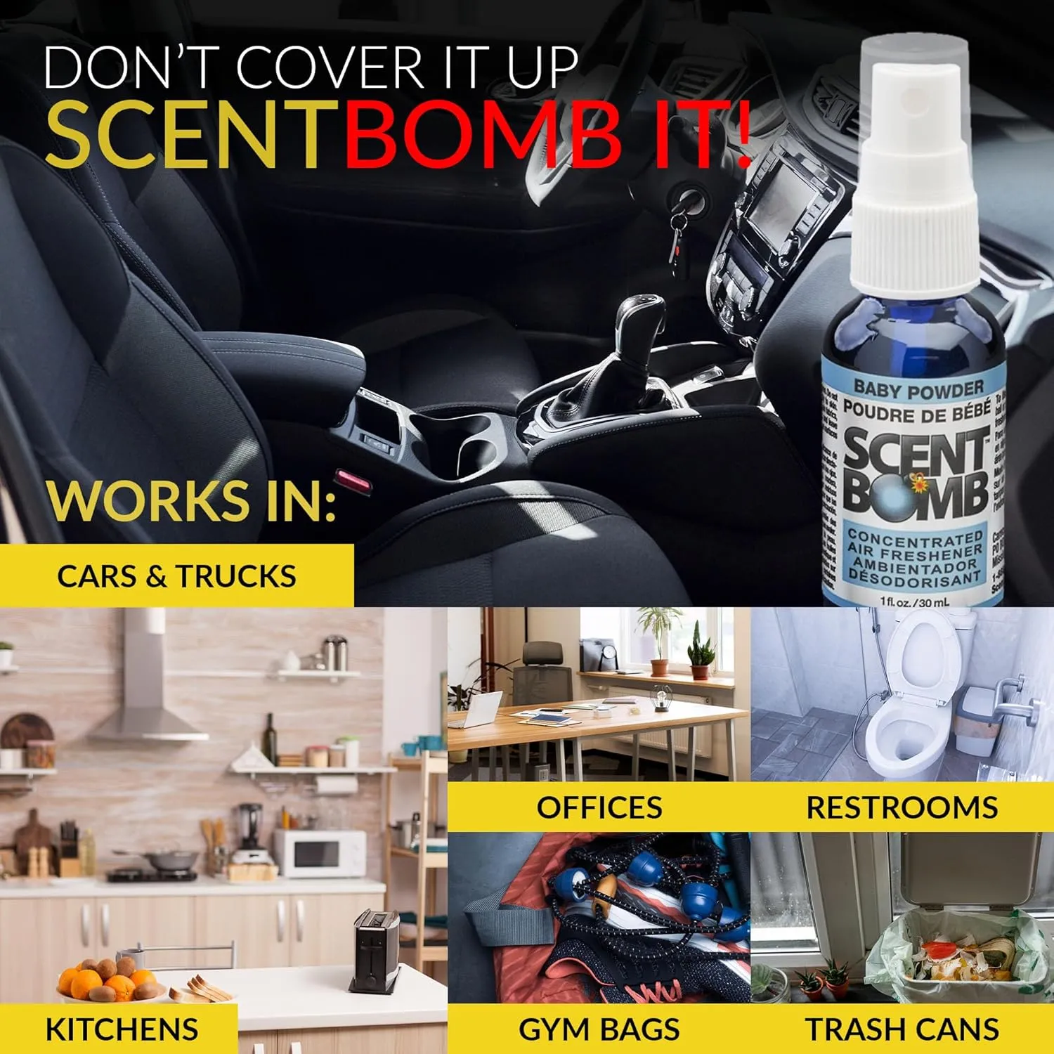Scent Bomb Air Freshener Spray, Long-Lasting Odor Eliminator - Effective Deodorizer for Home & Car, Fresh Room Spray for Kitchen, Bathroom & Smell Neutralizer - 1 oz Pack of 4, Baby Powder Scent
