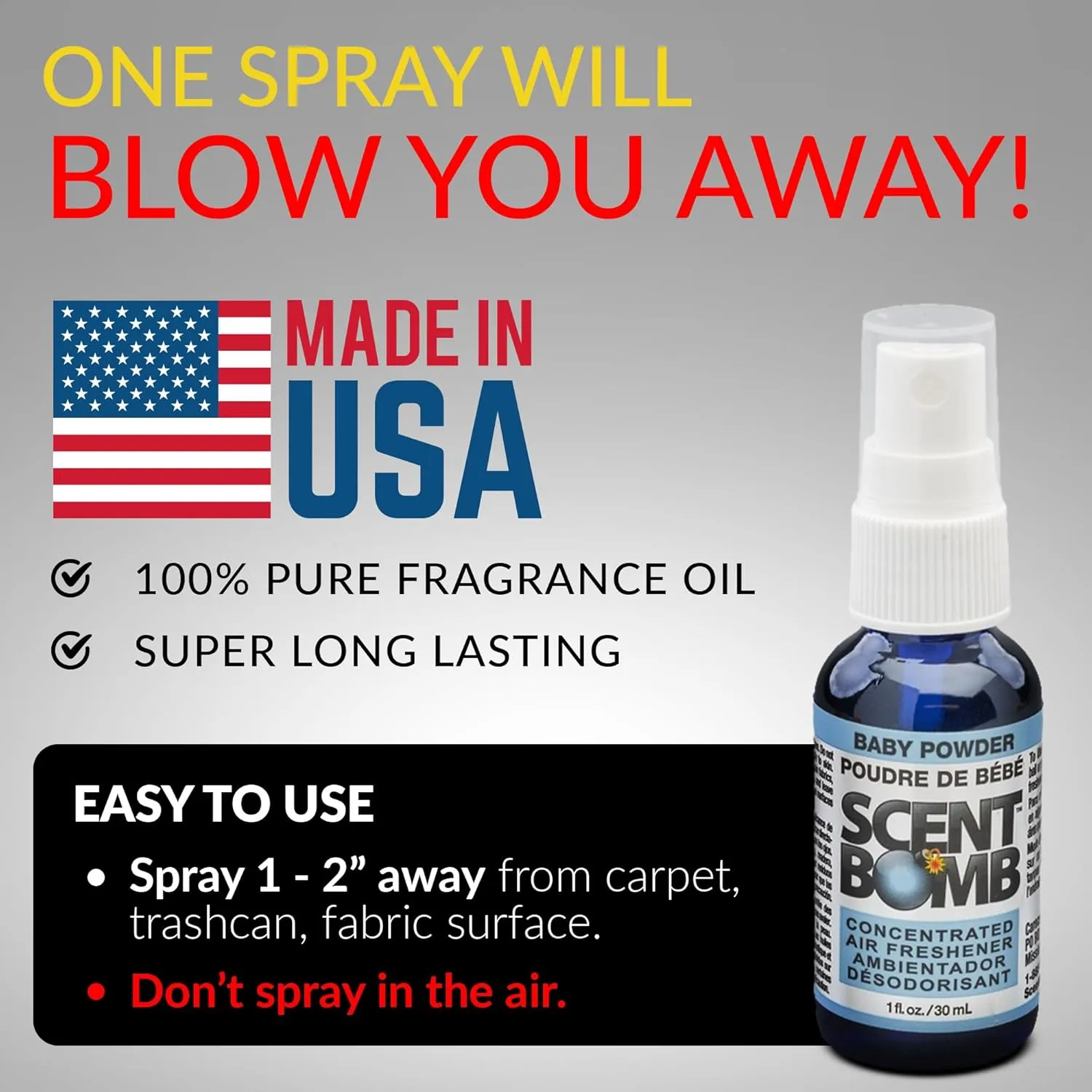 Scent Bomb Air Freshener Spray, Long-Lasting Odor Eliminator - Effective Deodorizer for Home & Car, Fresh Room Spray for Kitchen, Bathroom & Smell Neutralizer - 1 oz Pack of 4, Baby Powder Scent