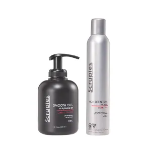 Scruples High Definition Hair Spray (10.6 oz)   Smooth Out Hair Straightening Gel (8.5 oz) – Styling Duo for Frizz-Free Sleekness & Long-Lasting Hold – Shine-Enhancing, Humidity-Resistant
