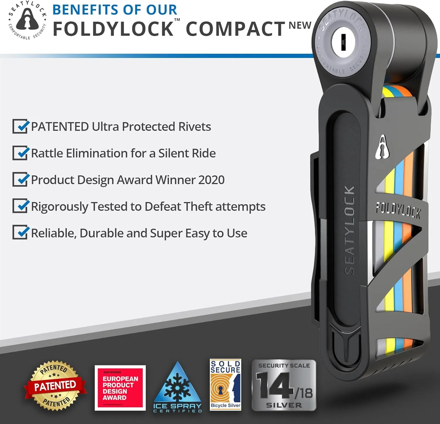 Seatylock FoldyLock Compact Folding Bike Lock - Award Winning Patented Lightweight High Security Bicycle Lock - Heavy Duty Anti Theft Smart Secure Guard with Keys & Case for Bikes or Scooters