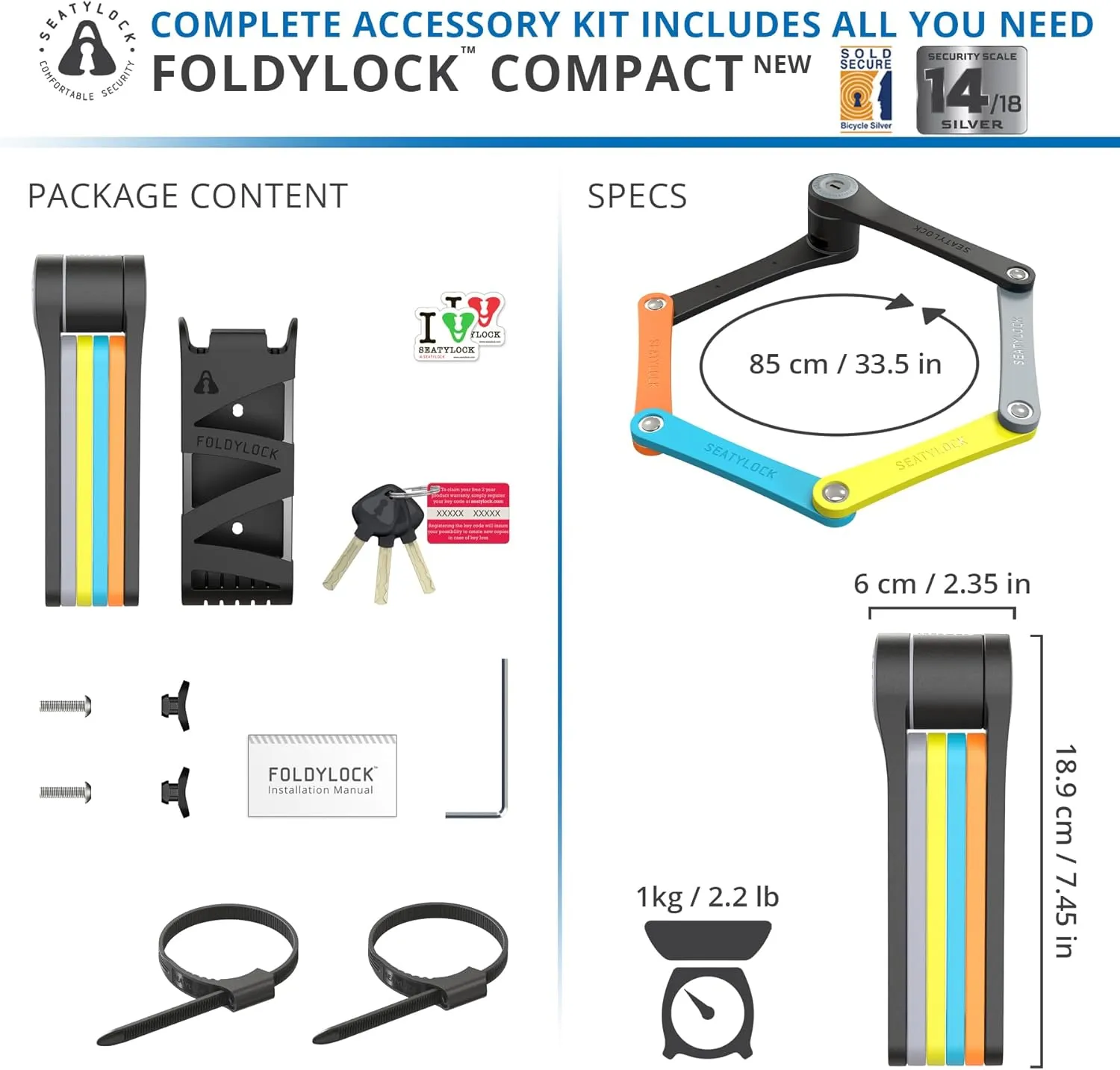 Seatylock FoldyLock Compact Folding Bike Lock - Award Winning Patented Lightweight High Security Bicycle Lock - Heavy Duty Anti Theft Smart Secure Guard with Keys & Case for Bikes or Scooters