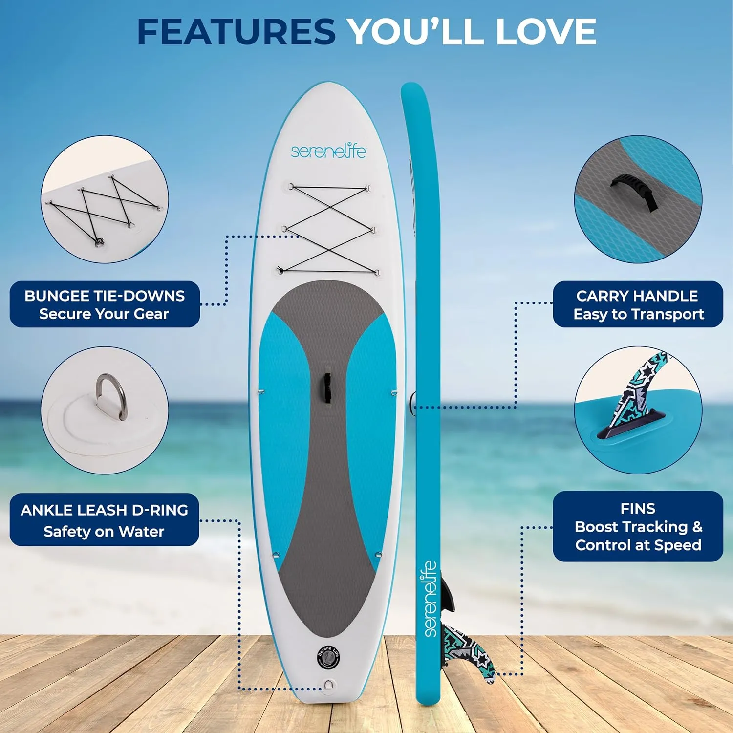 SereneLife Inflatable Stand Up Paddle Board with Premium SUP Accessories – Wide Stable Design with Non-Slip EVA Deck Pad for Adults and Youth of All Skill Levels, 350 lbs Capacity