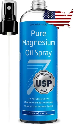 Seven Minerals, Pure Magnesium Oil Spray - Big 12 oz (Lasts 24 Months) - USP Grade Magnesium Spray, No Unhealthy Trace Minerals - from Ancient Underground Permian Seabed in USA, Free eBook Included