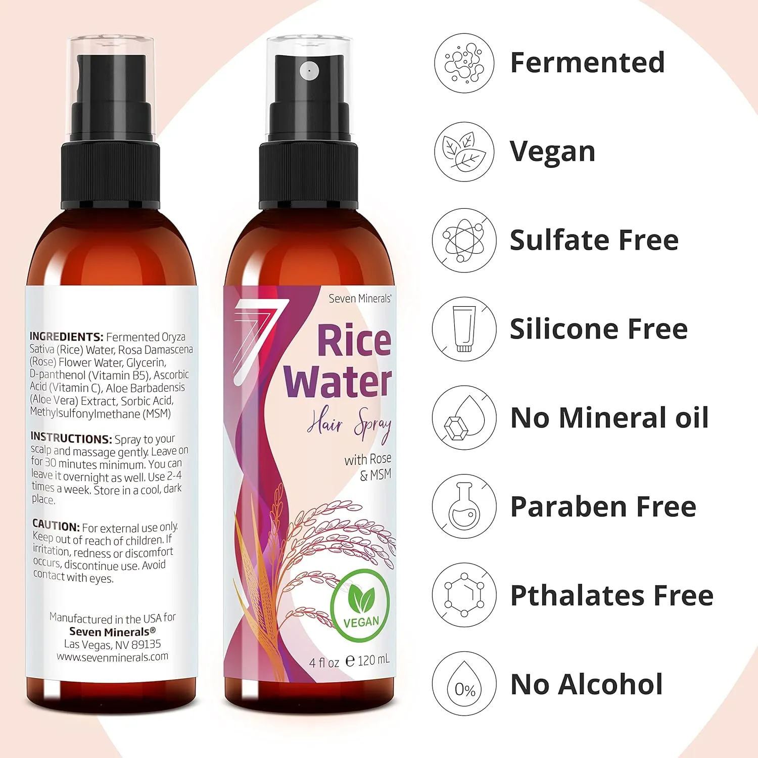Seven Minerals Rice Water Spray for Hair Growth - Fermented with Rose Water Aloe Vera & MSM - Vegan, Non-Greasy, Light, 4 fl oz
