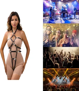 Sexy Faux Leather Strappy Harness for Women – Adjustable Gothic Bondage-Inspired Lingerie – Festival, Cosplay, Clubwear & Roleplay Outfit with Metal Rivets