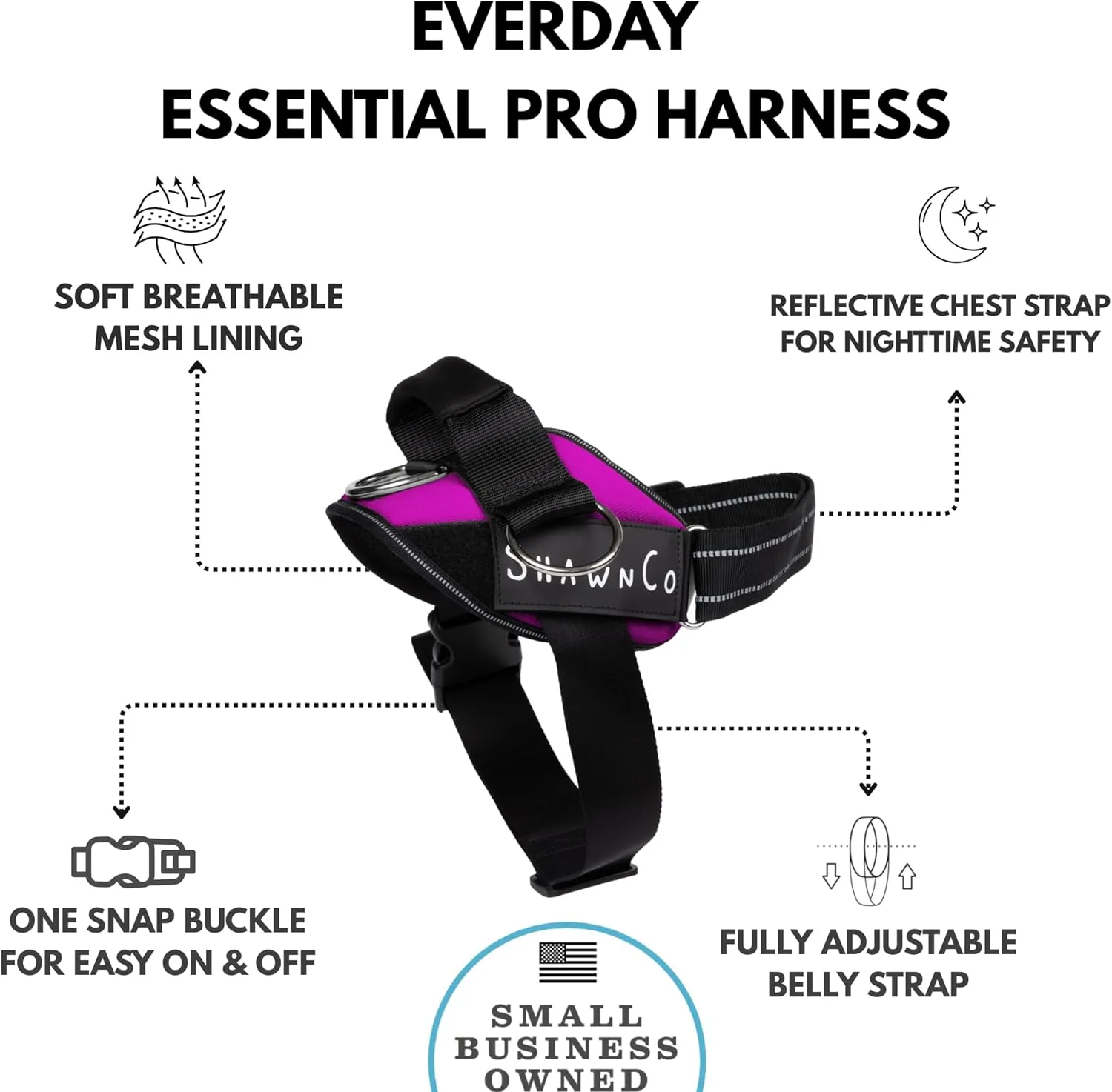 ShawnCo Essential Pro Dog Harness, No-Pull Pet Vest with 3 Leash Clips and Removable, Reflective Side Patches, Adjustable and Padded Harness for Small, Medium and Large Dogs (Orchid, S)