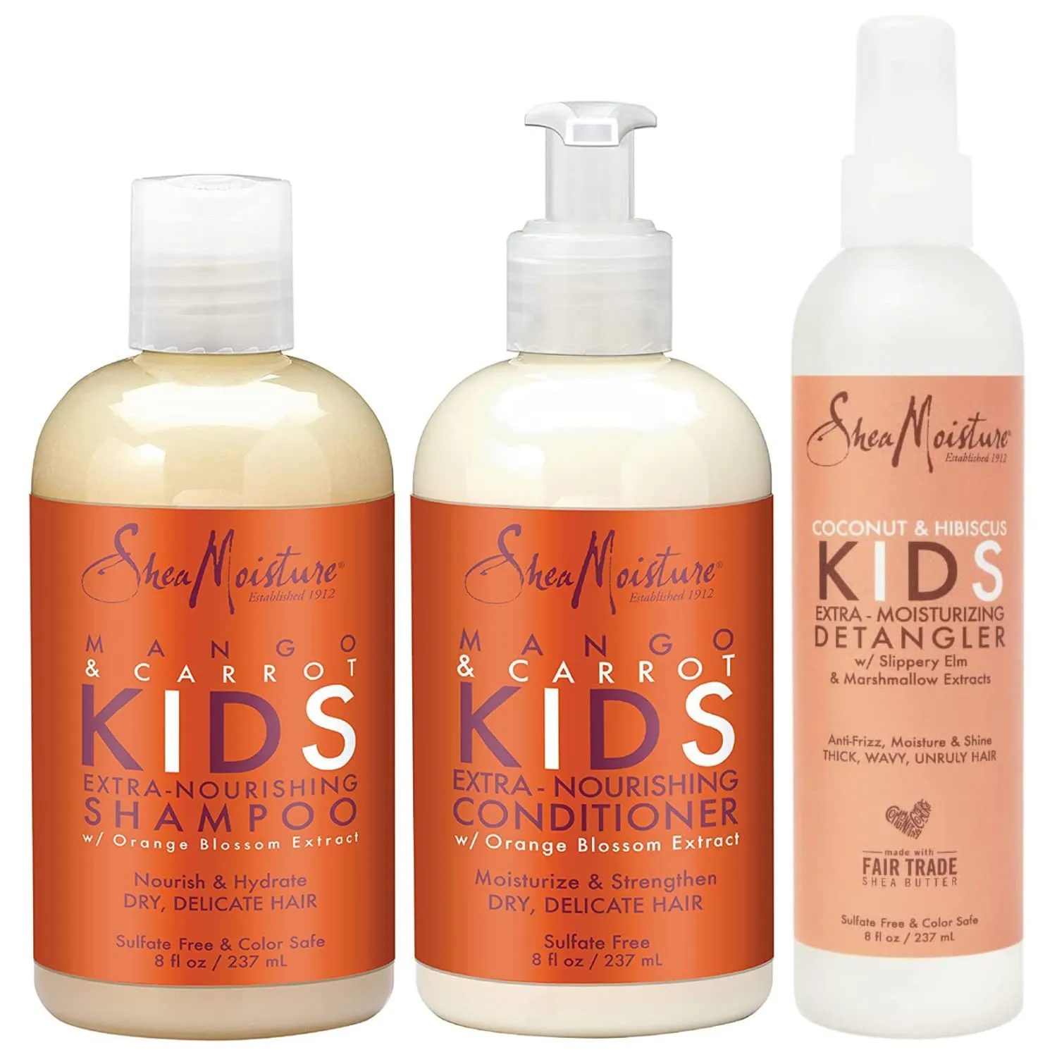 SheaMoisture KIDS Shampoo and Conditioner Set, Extra-Nourishing Mango & Carrot   Coconut & Hibiscus Detangler Spray for KIDS, 8 Fl Oz (3 Piece Set)