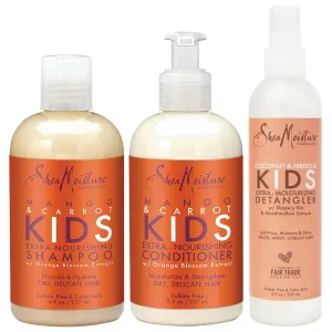 SheaMoisture KIDS Shampoo and Conditioner Set, Extra-Nourishing Mango & Carrot   Coconut & Hibiscus Detangler Spray for KIDS, 8 Fl Oz (3 Piece Set)