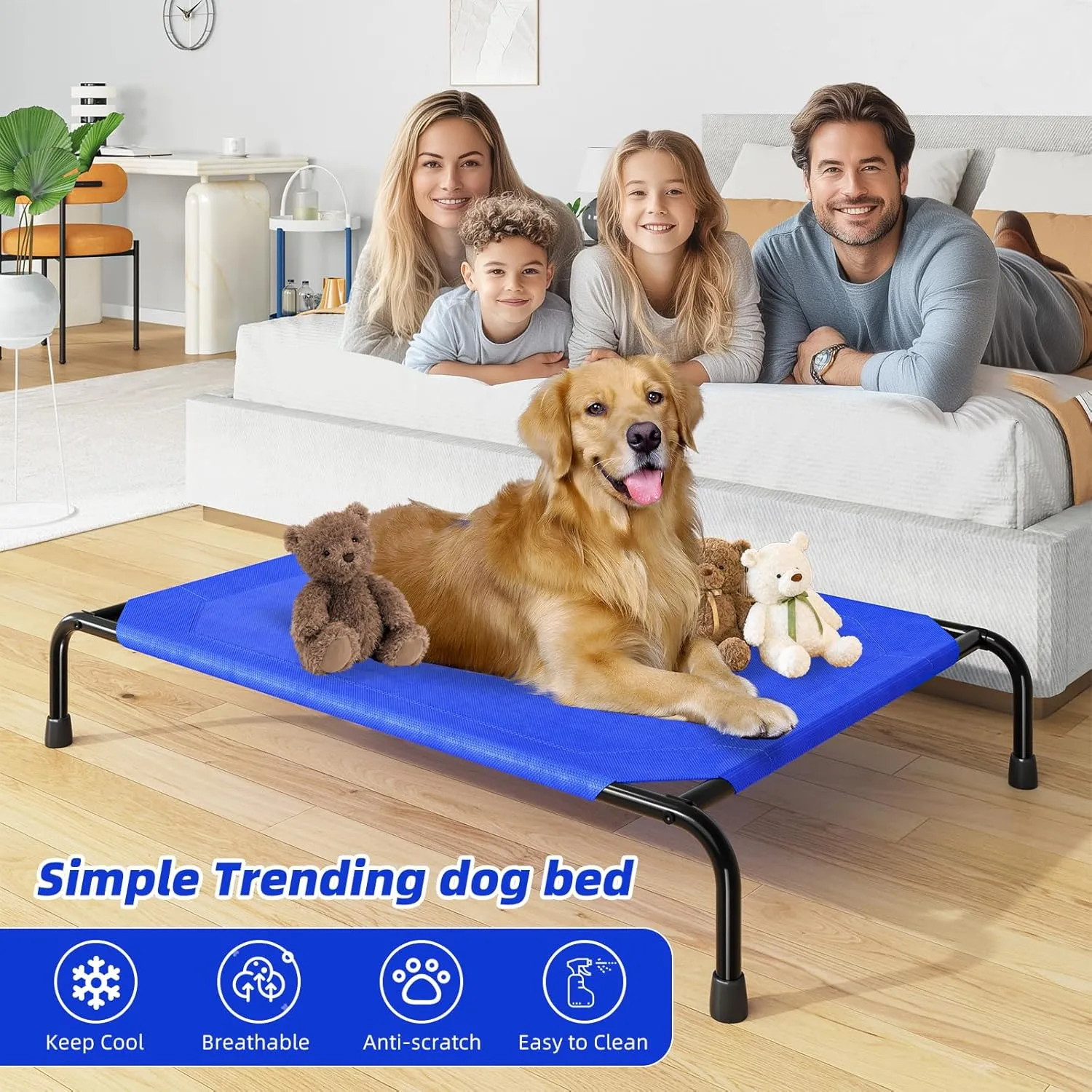 Simple Trending Raised Bed for Extra Large Dog, Waterproof XL Pet Cot, Breathable Big Bed Load 400lb, Blue