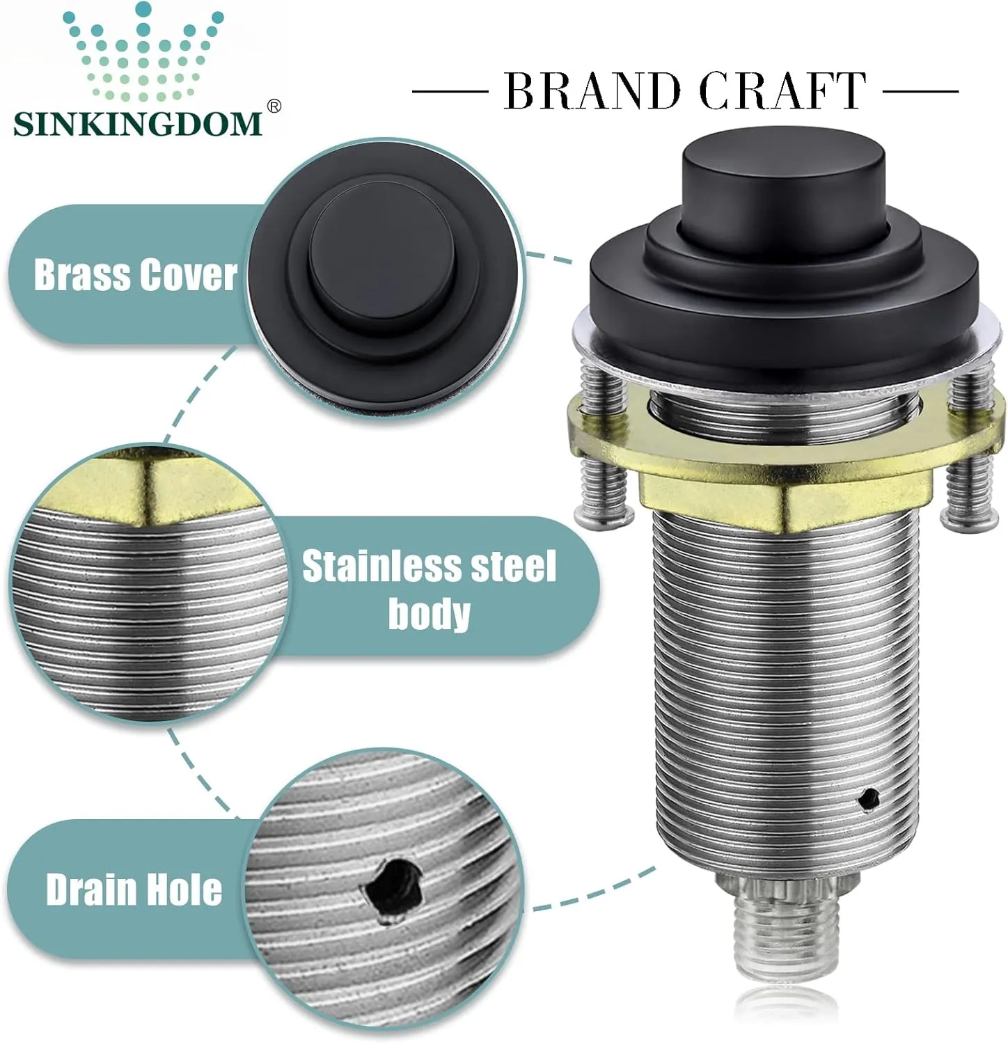 SinkTop Air Switch Kit (Long Full Brass Button) for Disposal, Dual Outlet, (Matte Black)