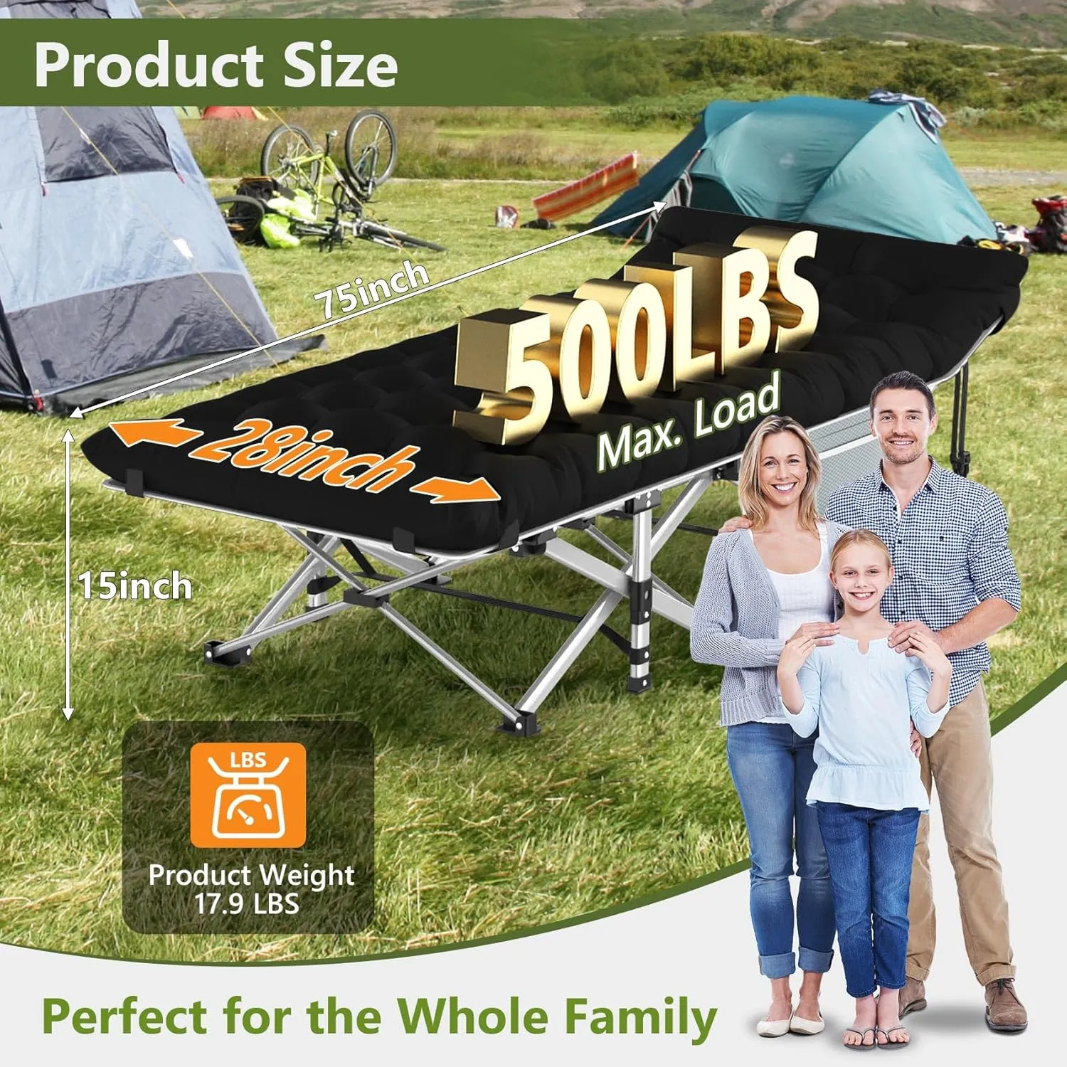 Slendor Camping Cot for Adults, 1200D Oxford Camping Bed with 3.5in Thick Mattress, 500lbs Max Load, Folding Cot for Camping, Travel, Outdoor, Home Guest, Office Nap