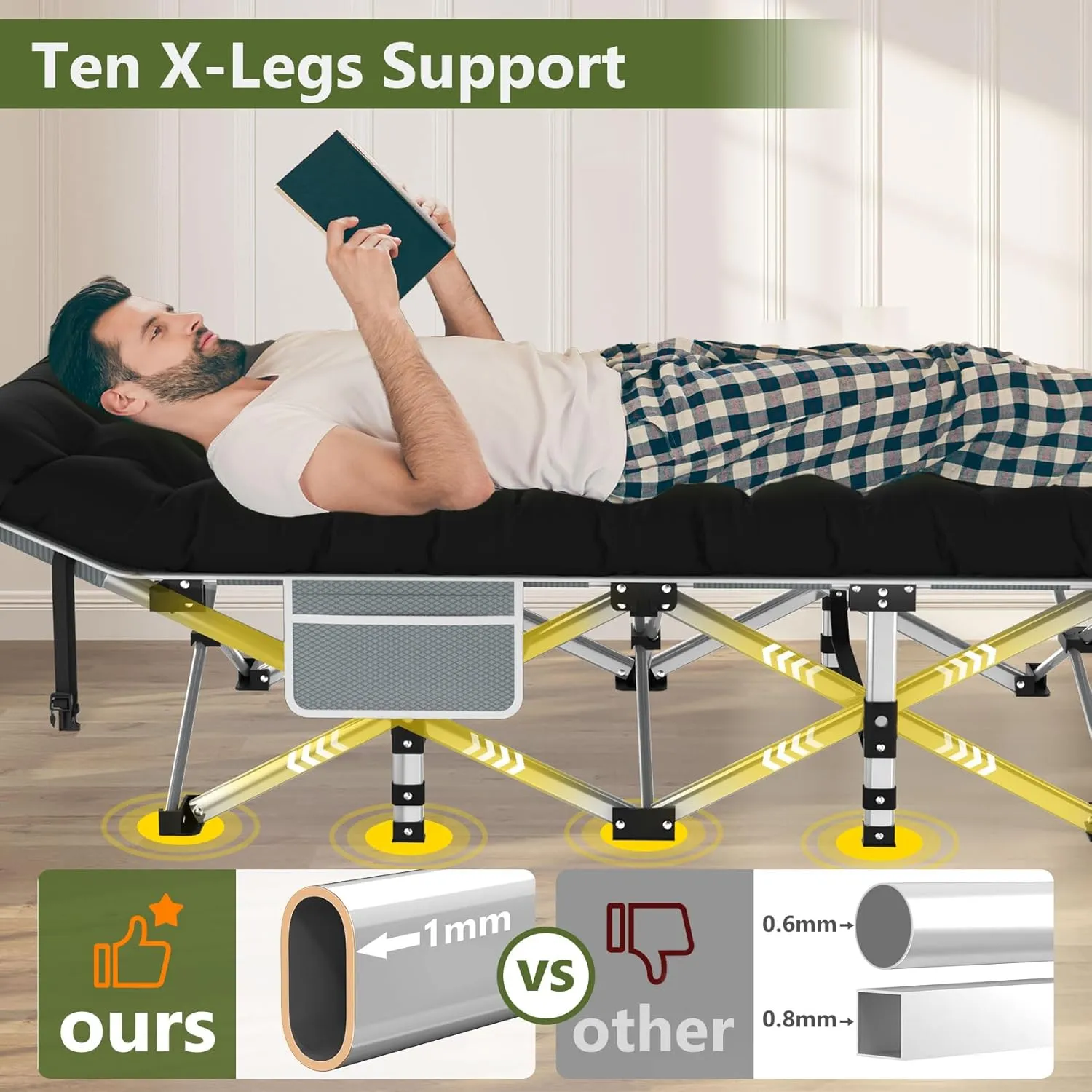 Slendor Camping Cot for Adults, 1200D Oxford Camping Bed with 3.5in Thick Mattress, 500lbs Max Load, Folding Cot for Camping, Travel, Outdoor, Home Guest, Office Nap
