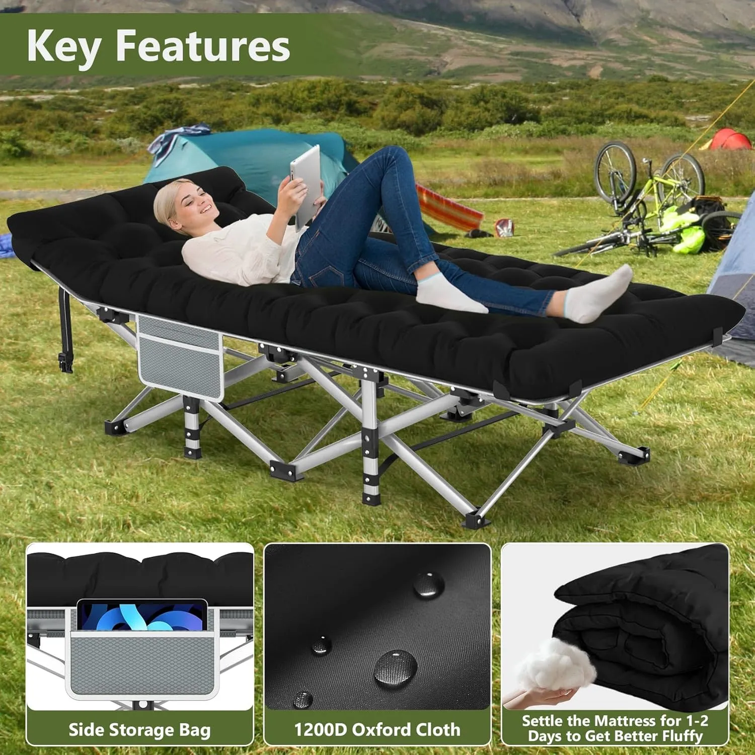 Slendor Camping Cot for Adults, 1200D Oxford Camping Bed with 3.5in Thick Mattress, 500lbs Max Load, Folding Cot for Camping, Travel, Outdoor, Home Guest, Office Nap