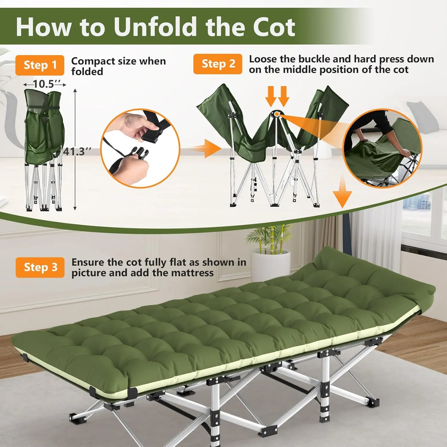Slendor Folding Camping Cot for Adults, Heavy Duty 1200D Oxford Camping Bed with 3.5in Thick Mattress, 500lbs Max Load, Portable Foldable Outdoor Cot for Camping, Travel, Home Guest, Office Nap