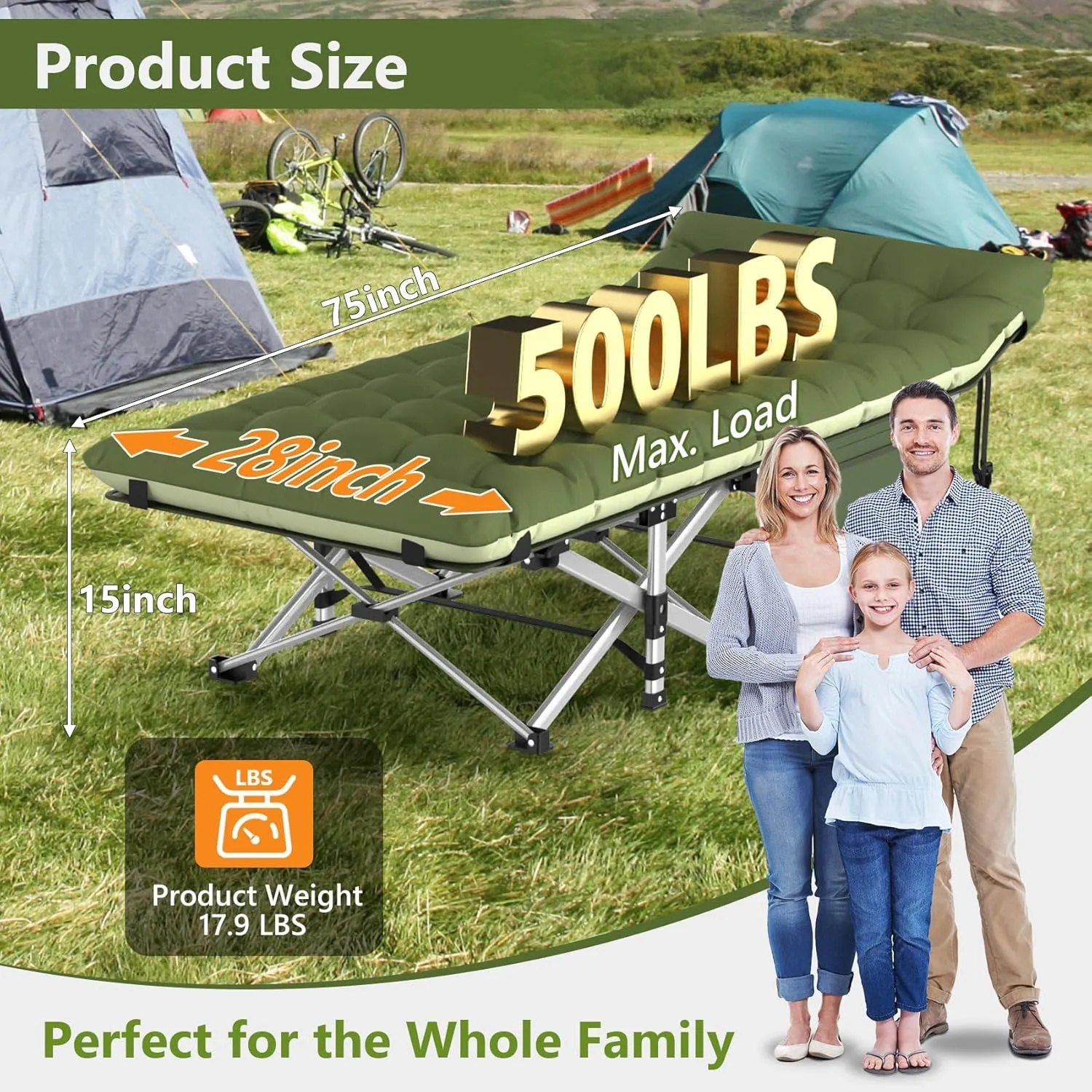 Slendor Folding Camping Cot for Adults, Heavy Duty 1200D Oxford Camping Bed with 3.5in Thick Mattress, 500lbs Max Load, Portable Foldable Outdoor Cot for Camping, Travel, Home Guest, Office Nap