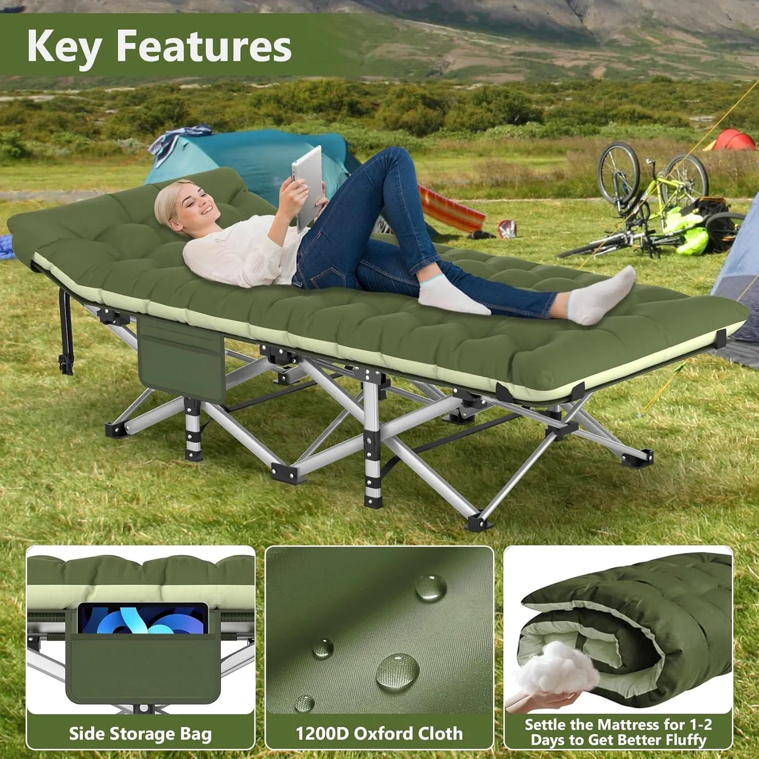 Slendor Folding Camping Cot for Adults, Heavy Duty 1200D Oxford Camping Bed with 3.5in Thick Mattress, 500lbs Max Load, Portable Foldable Outdoor Cot for Camping, Travel, Home Guest, Office Nap