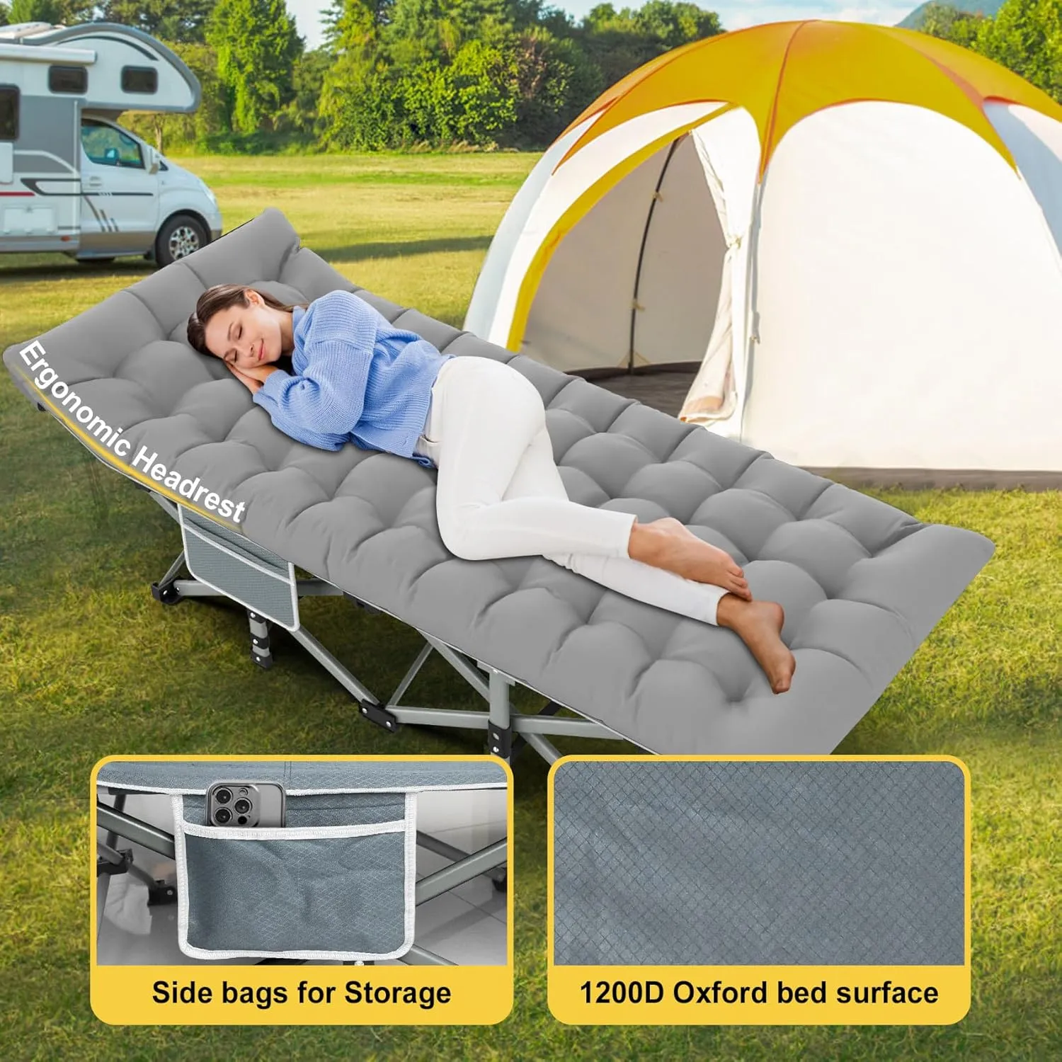 Slendor Folding Camping Cot for Adults with Mattress,Max Load 800lbs Cots for Sleeping Camp Cots for Adults Kids Teenage Portable Travel Camp Cot Bed Mattress for Home Office Beach Garden Tent