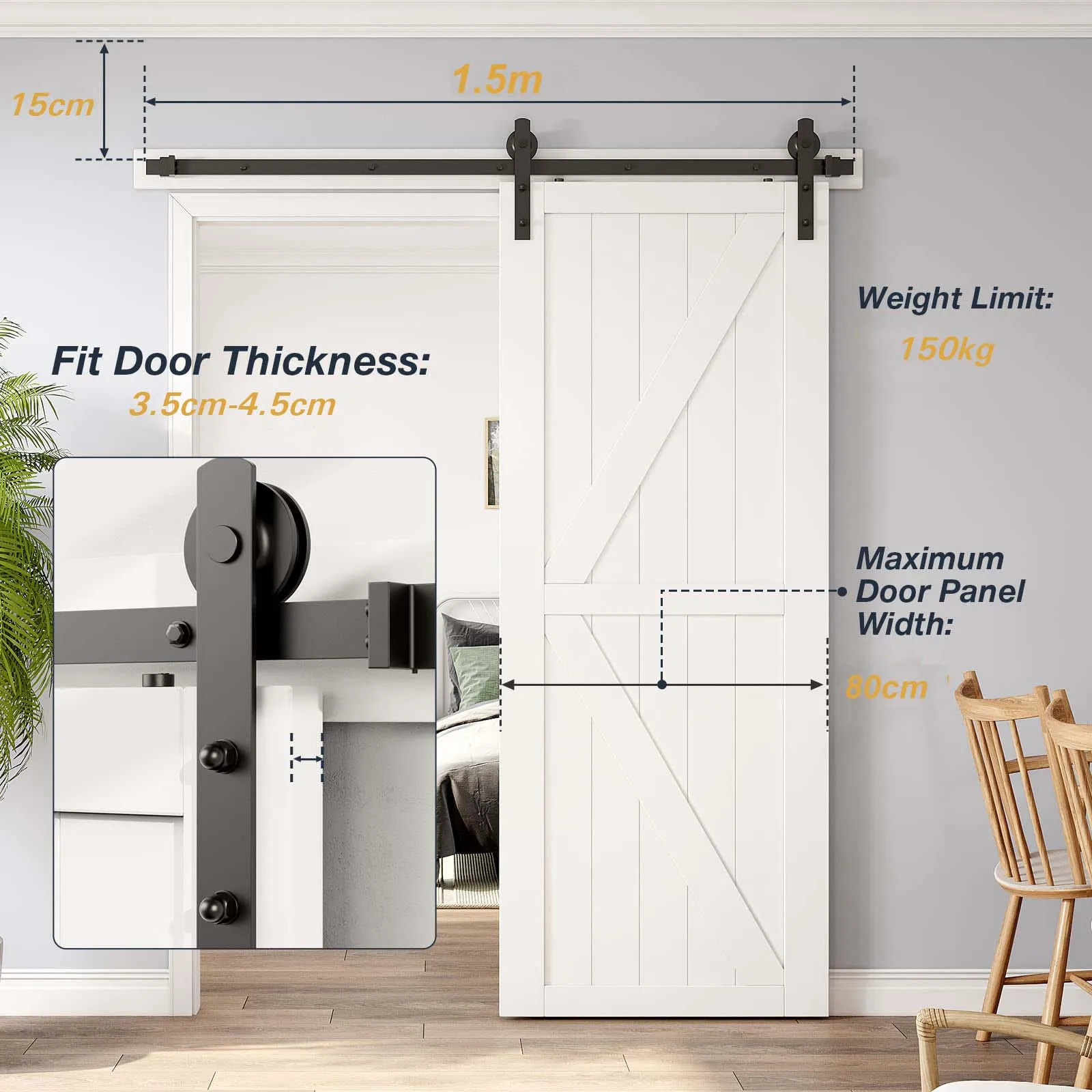 Sliding Barn Door Hardware Kit Heavy Duty 1.5M Single Damper Track Rail Roller System