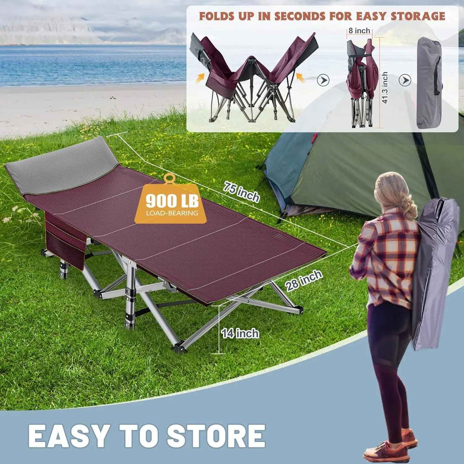 Slsy Folding Camping Cot for Adults with Mattress, Portable Sleeping Cots, Camp Bed with Carry Bag for Outdoor Travel, Beach, Hiking