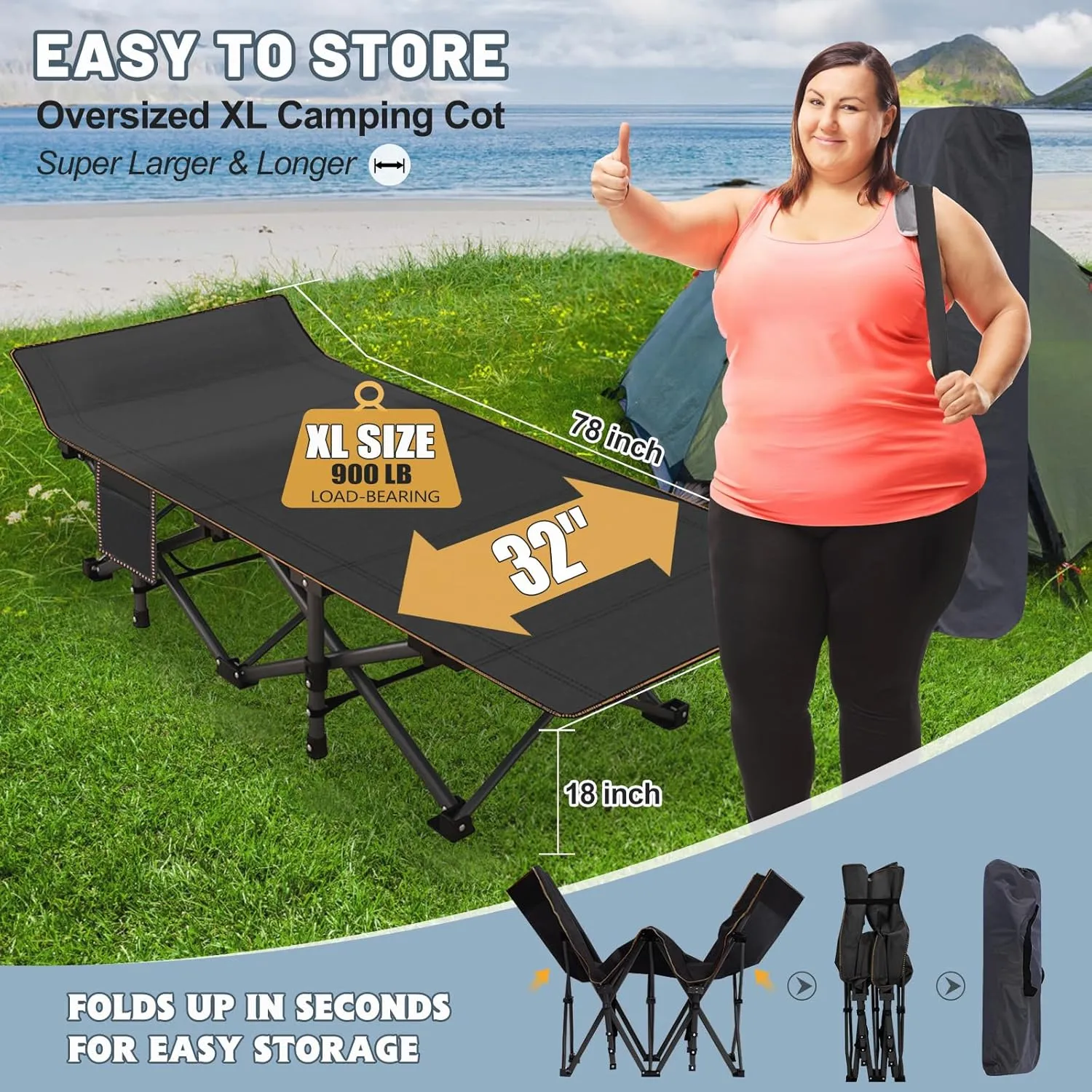 Slsy Oversized XXL Camping Cot for Adults with Mattress, Portable Sleeping Cots, Camp Bed with Carry Bag for Outdoor Travel, Beach, Hiking
