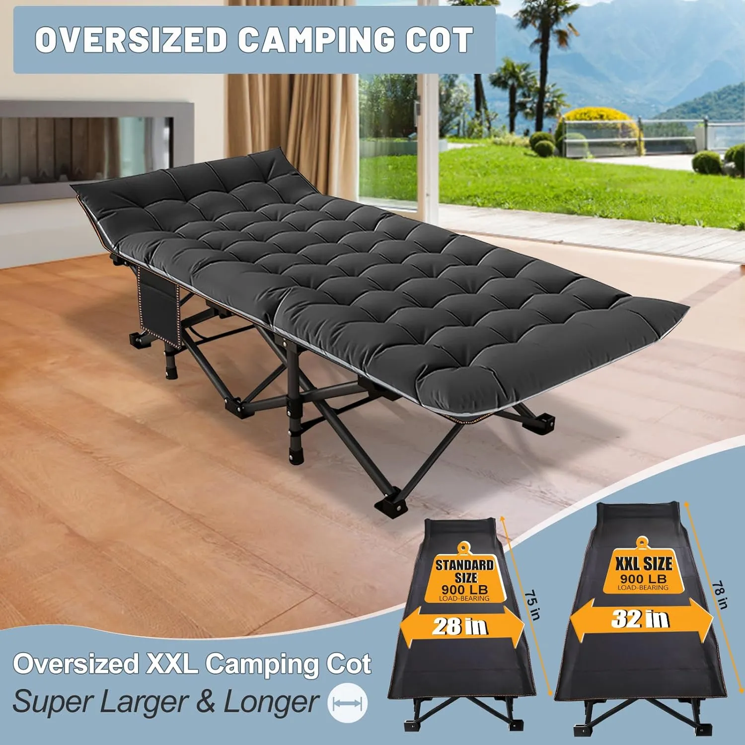 Slsy Oversized XXL Camping Cot for Adults with Mattress, Portable Sleeping Cots, Camp Bed with Carry Bag for Outdoor Travel, Beach, Hiking