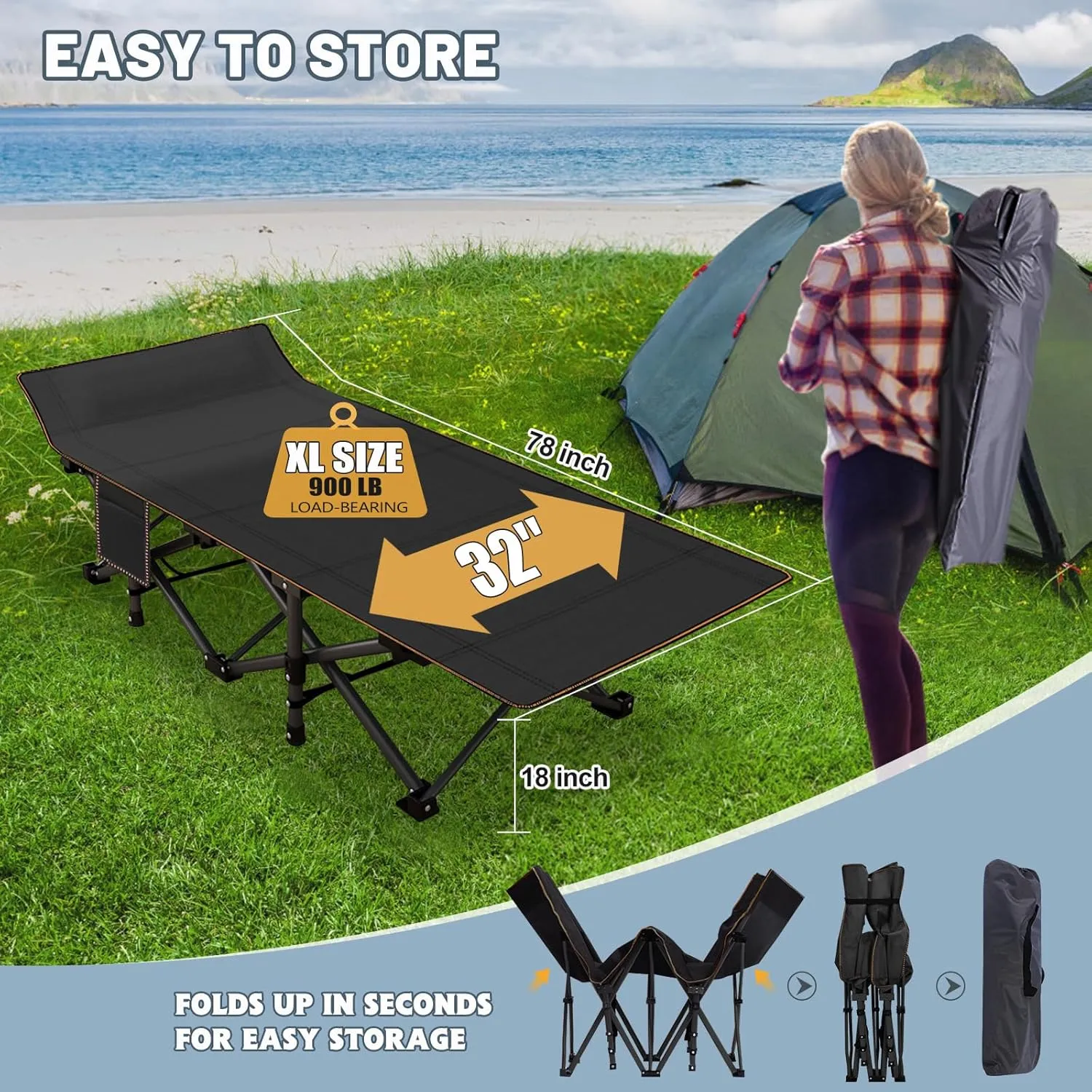 Slsy Oversized XXL Camping Cot for Adults with Mattress, Portable Sleeping Cots, Camp Bed with Carry Bag for Outdoor Travel, Beach, Hiking