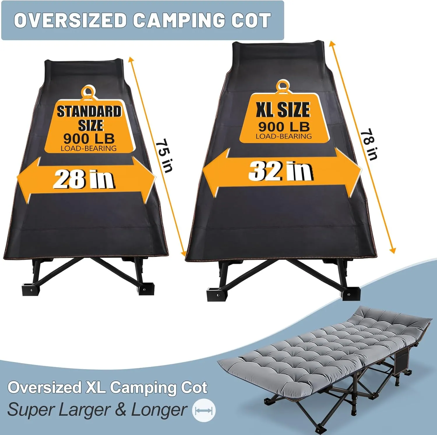 Slsy Oversized XXL Camping Cot for Adults with Mattress, Portable Sleeping Cots, Camp Bed with Carry Bag for Outdoor Travel, Beach, Hiking