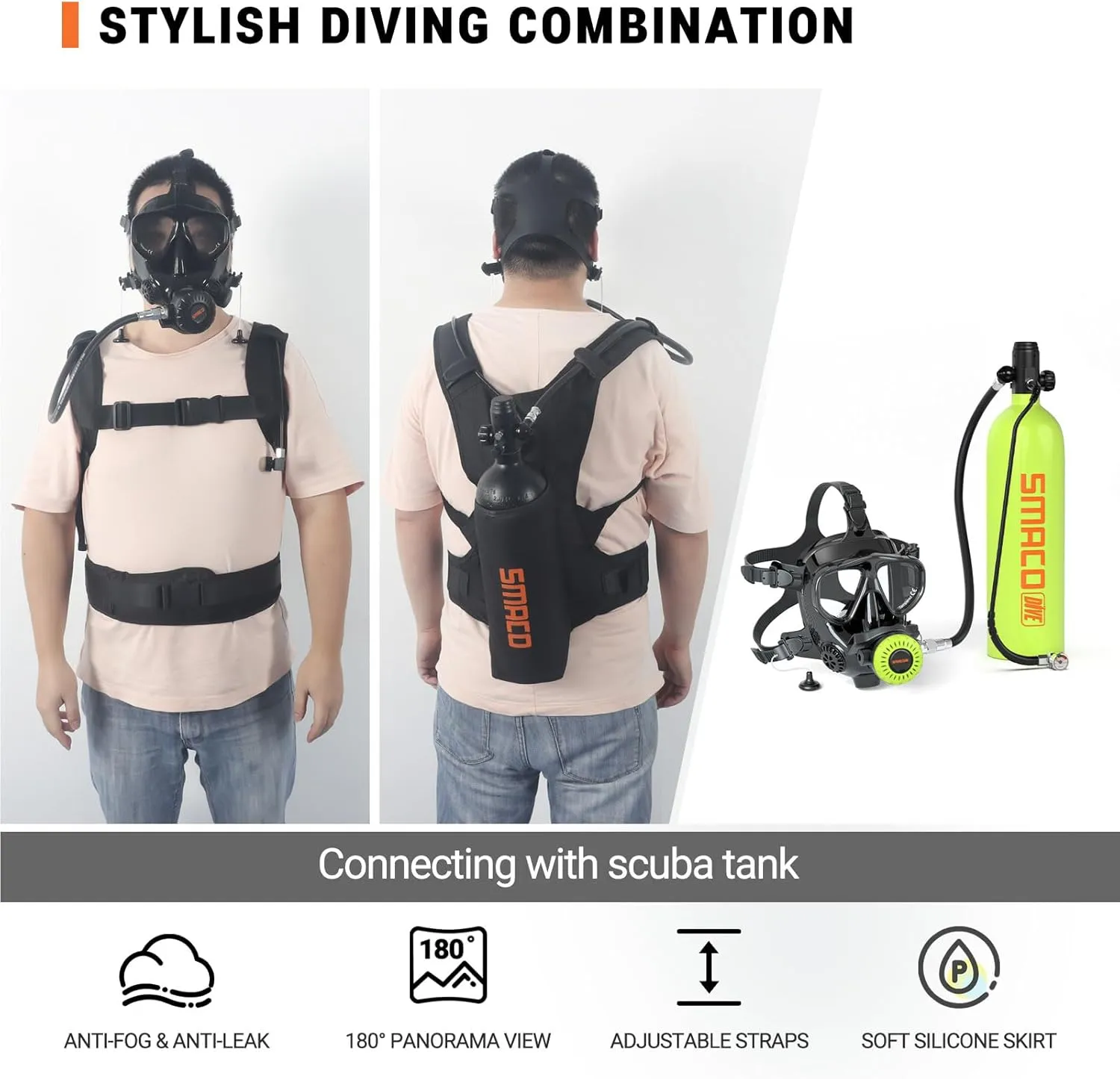 SMACO Mini Scuba Tank for Shallow Water Diving 1.9L Scuba Cylinder Diving Tank Kit Provide 25-30 Minutes Breath Support for Underwater Recreation/Diving Practice/Water Rescue/Backup Air