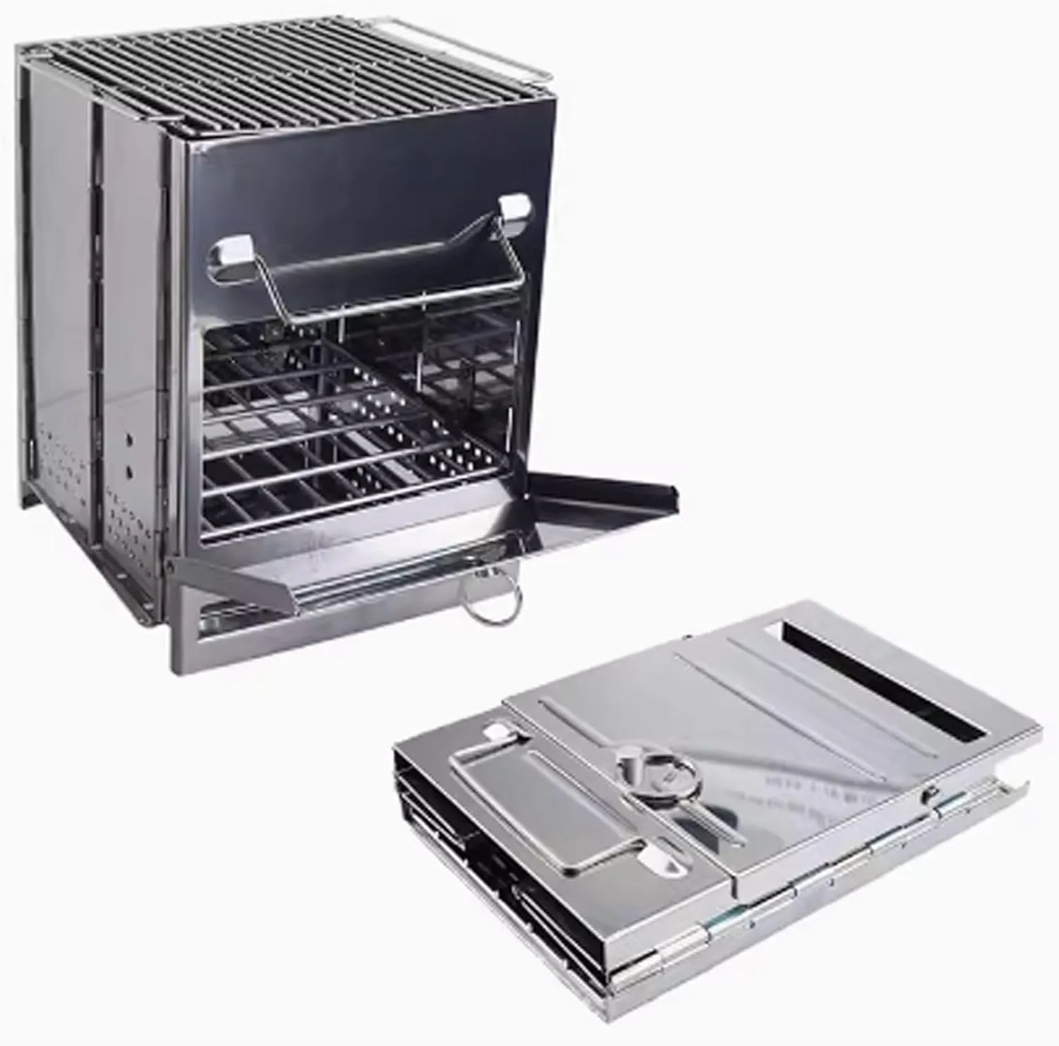 Small Wood Burning Stove Mini Portable Wood Burning Stove with BBQ Grill Stainless Steel Tent Stove Storage Bag Carrying Handle Camp Stove(20 * 20.5 * 35CM)