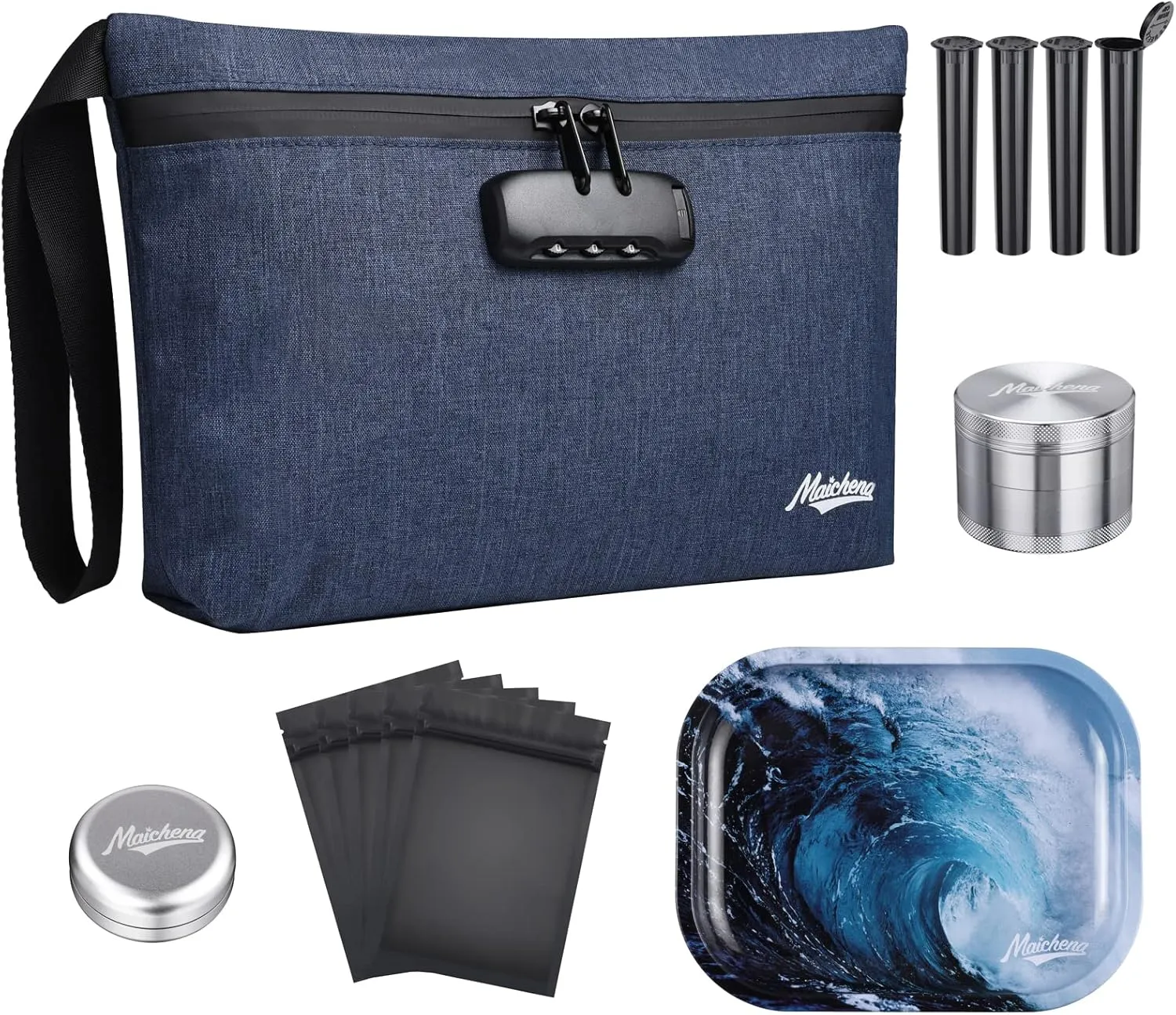 Smell Proof Bag with Combination Lock, Large Smell Proof Stash Container with Accessories, Carbon Lined Odor Proof Pouch Travel Storage Case Great Christmas Gift Blue