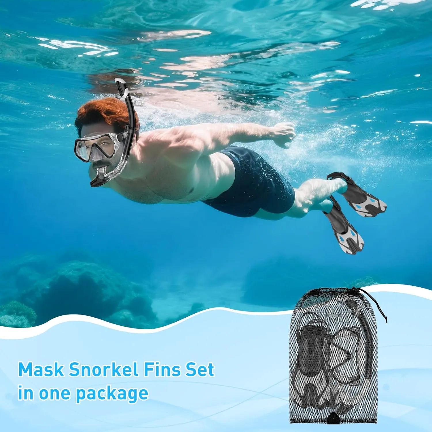 Snorkeling Gear Set for Adults – Dry Top Snorkel Set, Panoramic Anti-Fog Mask, Adjustable Swim Fins – Travel Diving Kit with Storage Bag