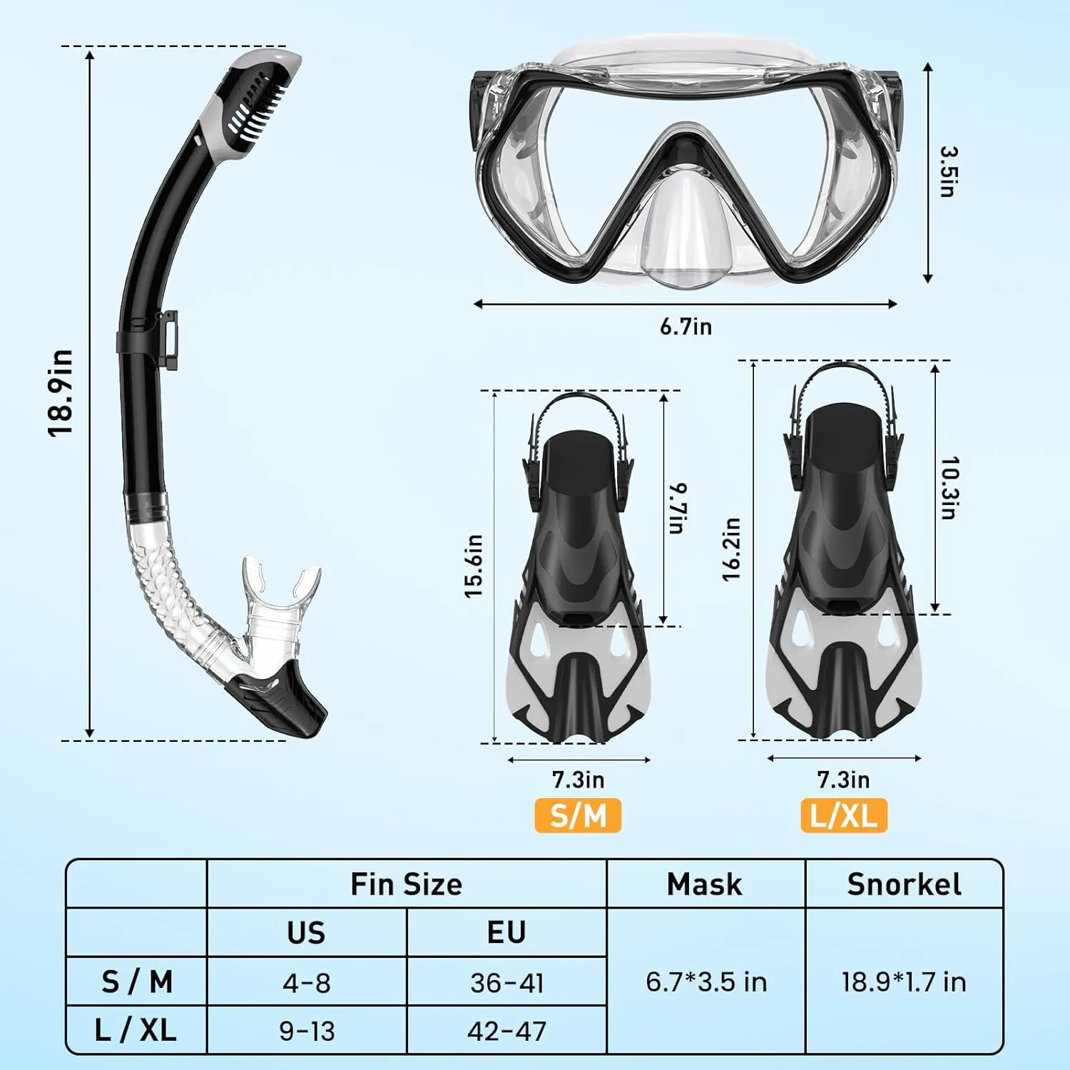 Snorkeling Gear Set for Adults – Dry Top Snorkel Set, Panoramic Anti-Fog Mask, Adjustable Swim Fins – Travel Diving Kit with Storage Bag