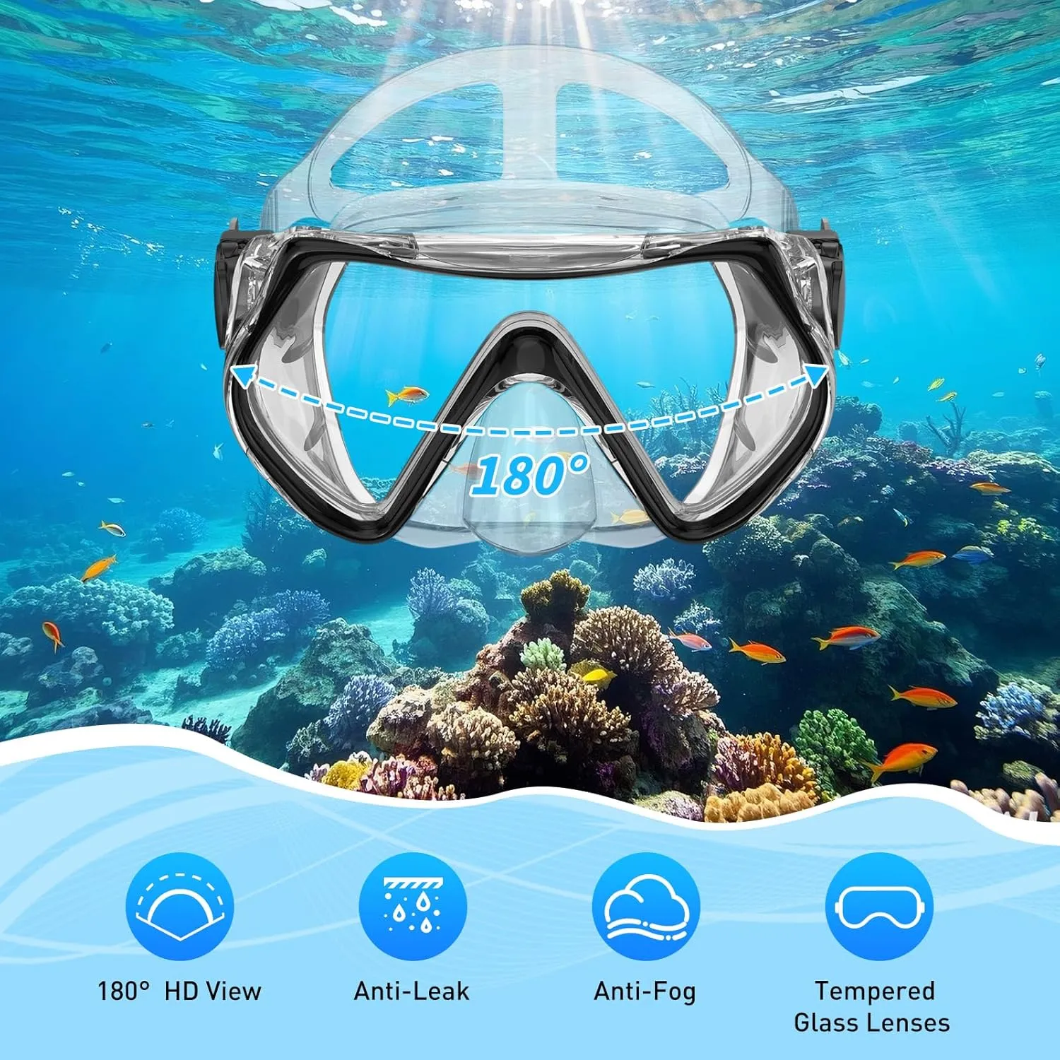 Snorkeling Gear Set for Adults – Dry Top Snorkel Set, Panoramic Anti-Fog Mask, Adjustable Swim Fins – Travel Diving Kit with Storage Bag