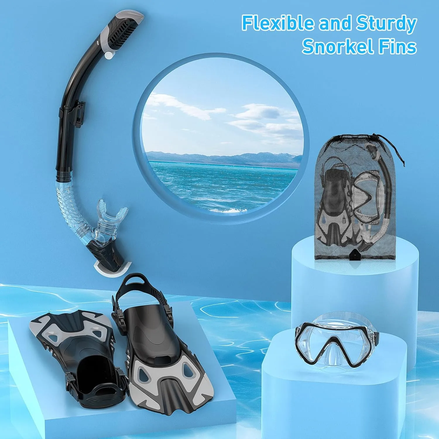 Snorkeling Gear Set for Adults – Dry Top Snorkel Set, Panoramic Anti-Fog Mask, Adjustable Swim Fins – Travel Diving Kit with Storage Bag