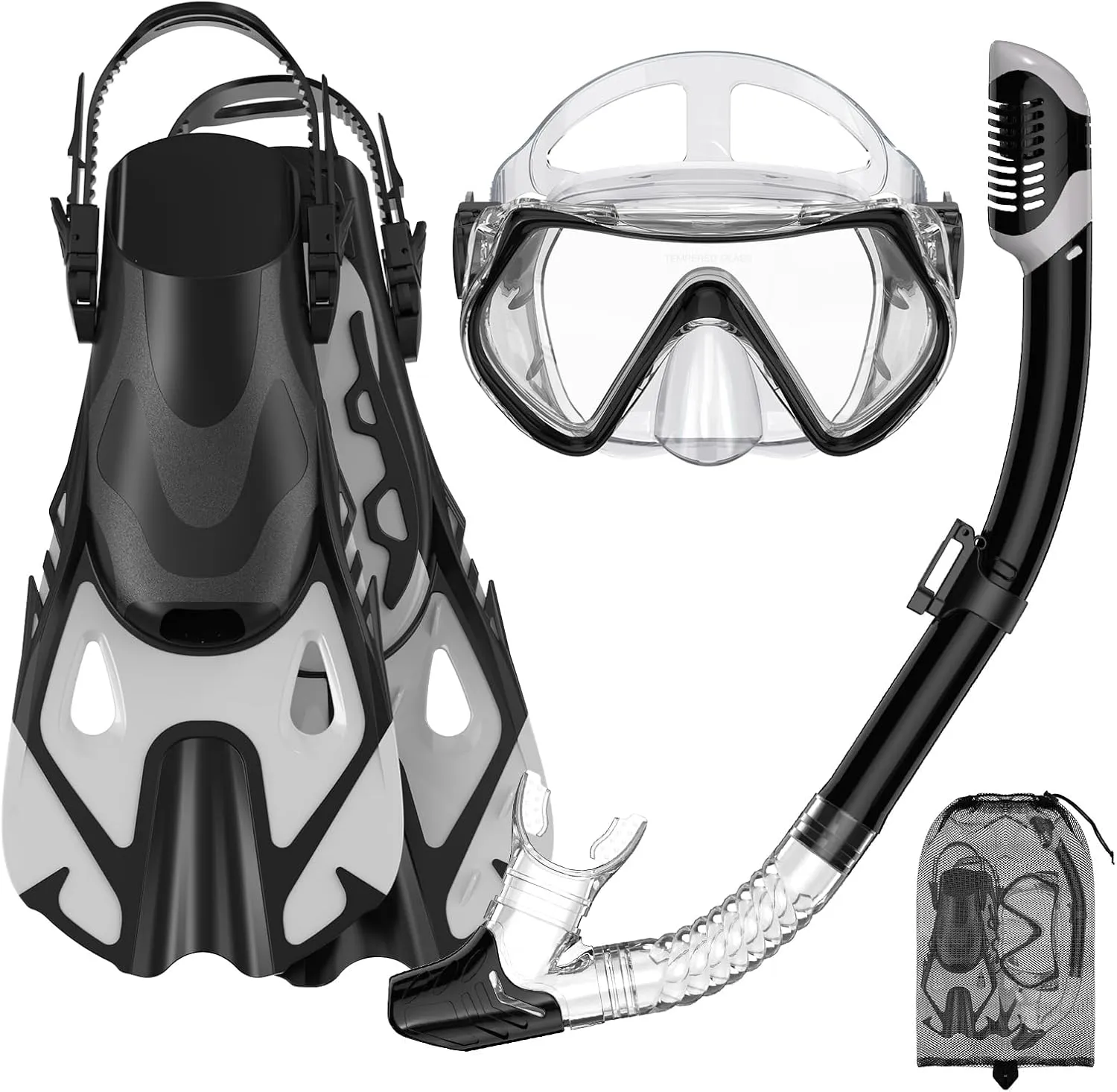 Snorkeling Gear Set for Adults – Dry Top Snorkel Set, Panoramic Anti-Fog Mask, Adjustable Swim Fins – Travel Diving Kit with Storage Bag