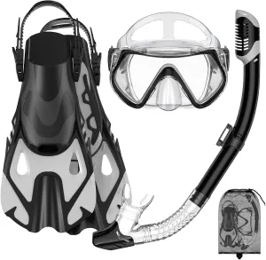 Snorkeling Gear Set for Adults – Dry Top Snorkel Set, Panoramic Anti-Fog Mask, Adjustable Swim Fins – Travel Diving Kit with Storage Bag