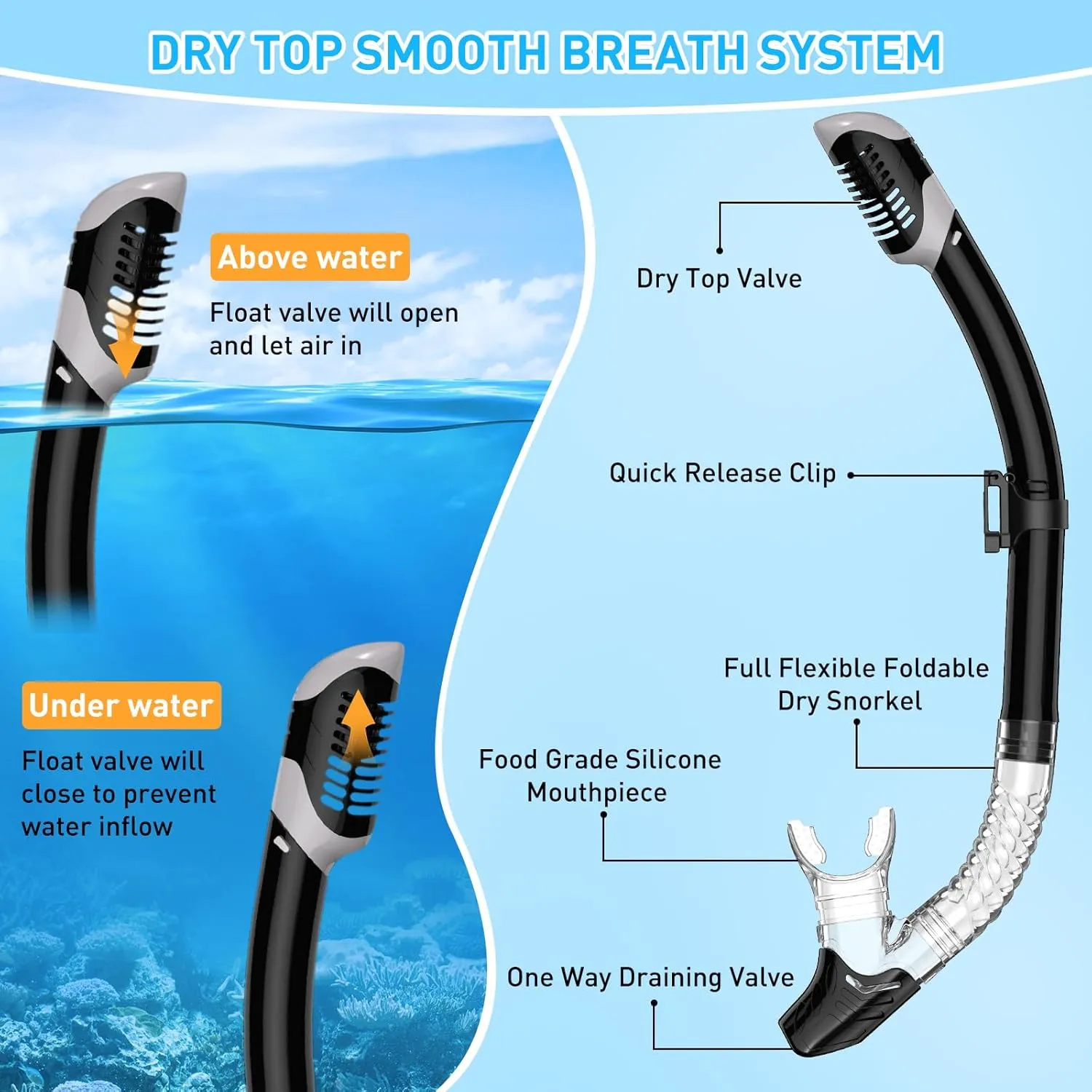 Snorkeling Gear Set for Adults – Dry Top Snorkel Set, Panoramic Anti-Fog Mask, Adjustable Swim Fins – Travel Diving Kit with Storage Bag