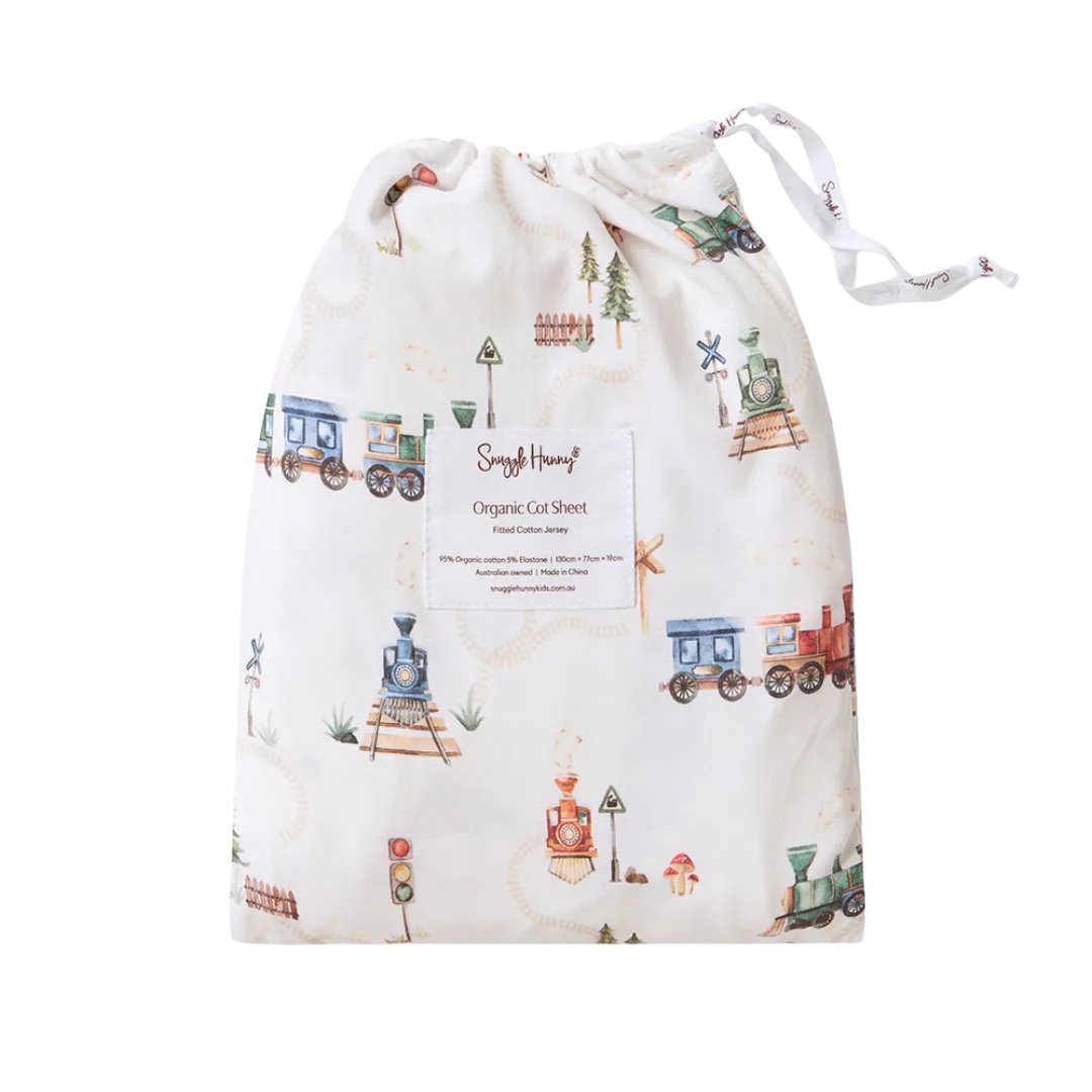SNUGGLE HUNNY TRAINS ORGANIC FITTED COT SHEET