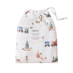 SNUGGLE HUNNY TRAINS ORGANIC FITTED COT SHEET