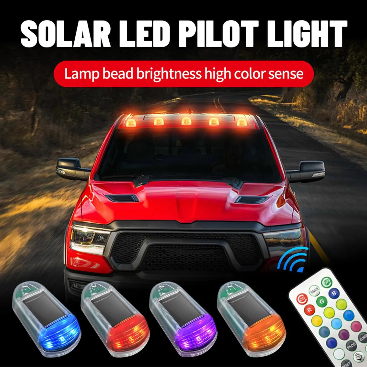 Solar Powered Cab Lights IP68 Waterproof Solar Wireless Cab Lights For Truck No Drill Cab Lights Universal Remote Control Vibration Solar Cab Lights (Black Shell, Yellow light Remote control)