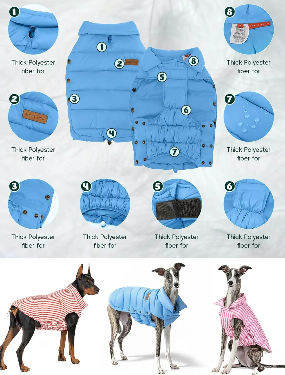 SPACE LION Puffer Jacket, Down Winter Coat, Waterproof, Windproof, Lightweight Jacket, Adjustable Fit for Small to Large Dogs (Blue, XL)